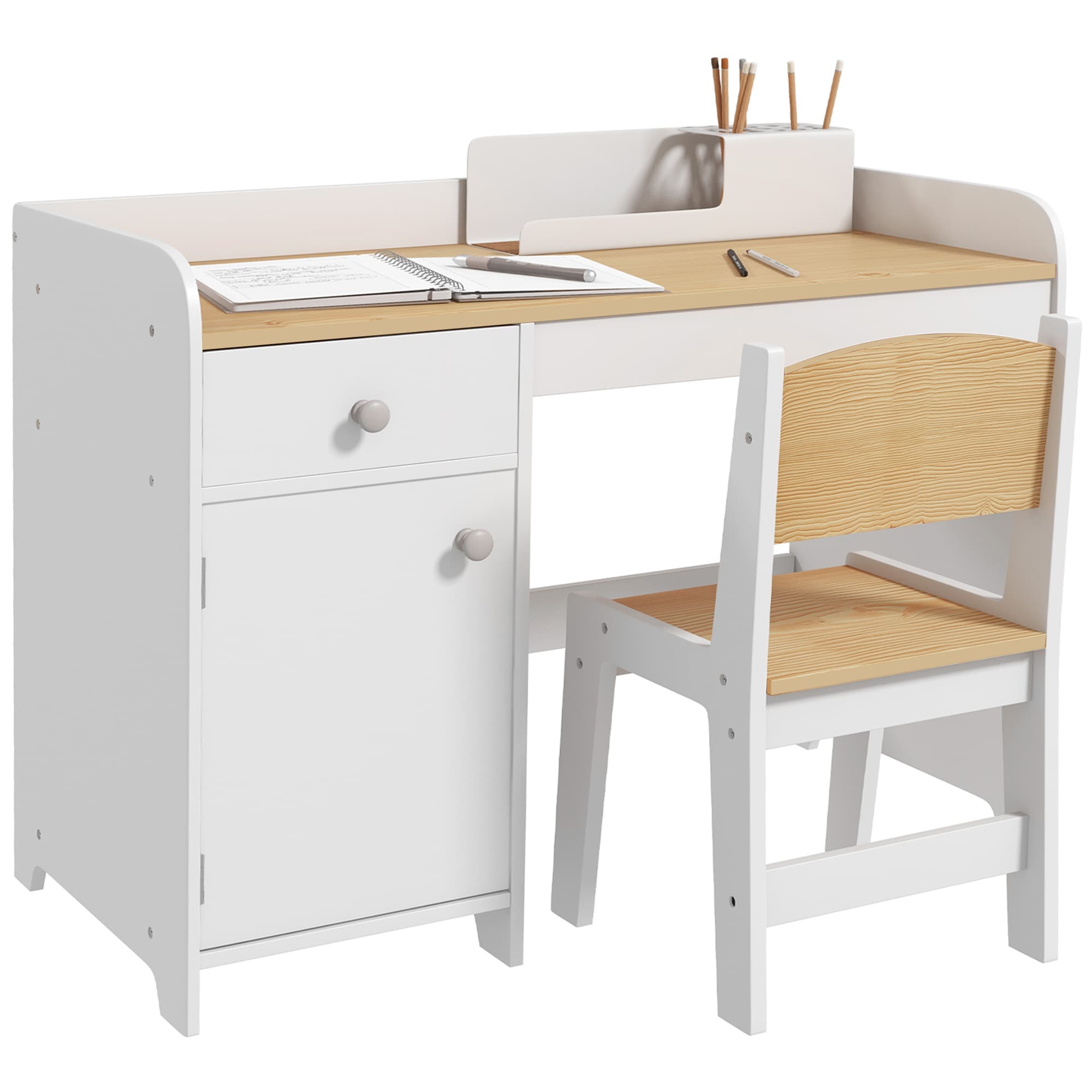 ZONEKIZ Bureau enfant avec chaise, table enfant avec tiroir, placard et large plateau, pour 3 à 6 ans, 80 x 39 x 59 cm, blanc
