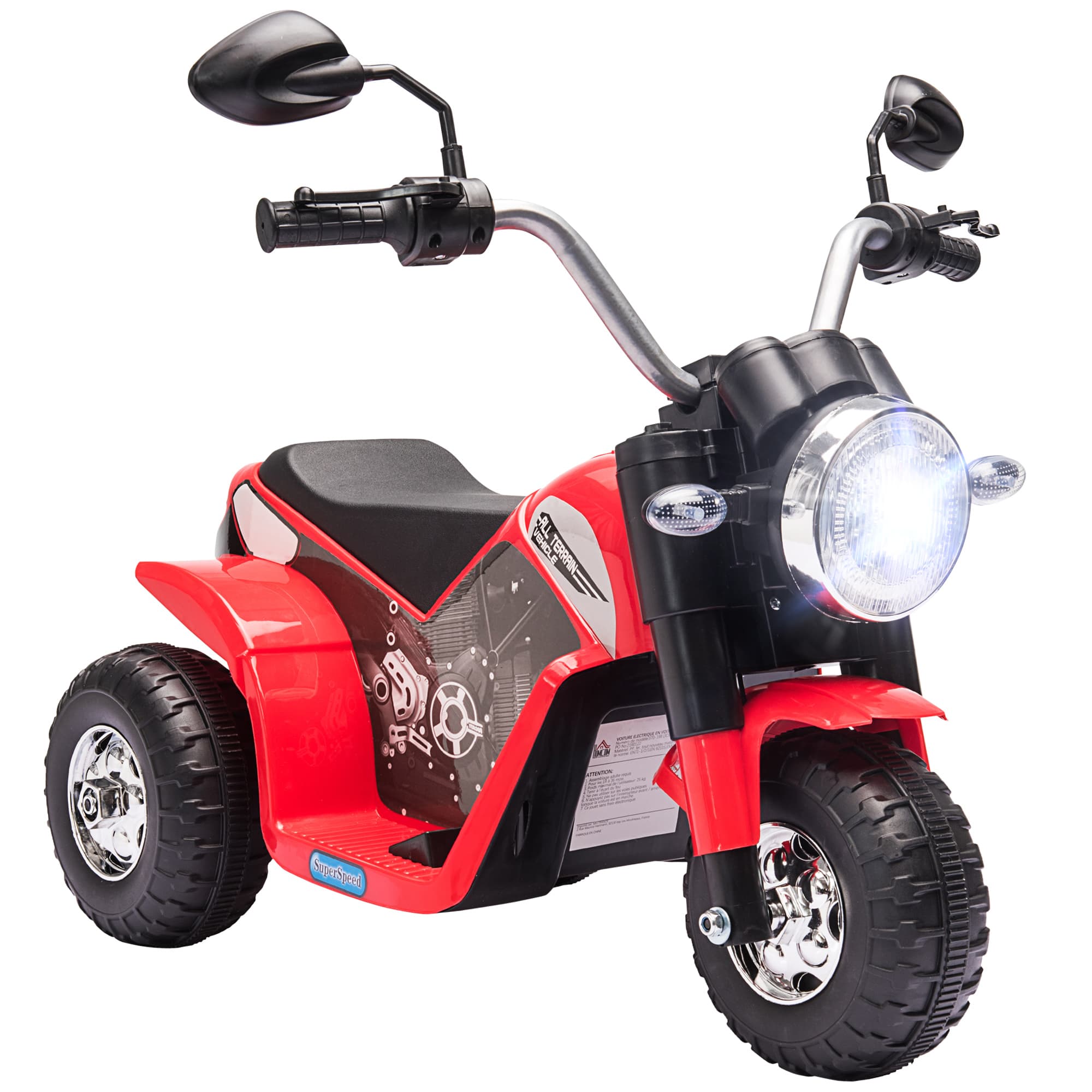 HOMCOM Moto électrique Enfant Chopper Tout-Terrain 6 V 20 W Marche AV AR 3 Roues Effets Lumineux et sonores Rouge Noir