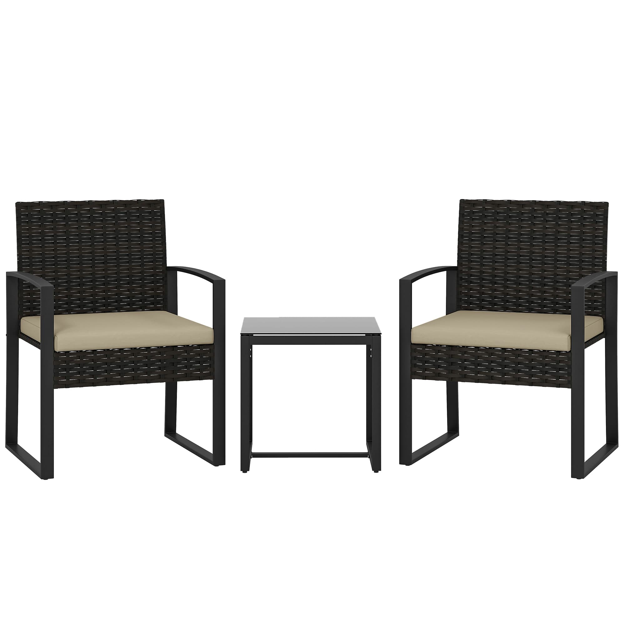 Outsunny Salon de jardin extérieur en résine tressée 2 personnes, table de jardin avec 2 chaises, plateau en verre trempé, marron