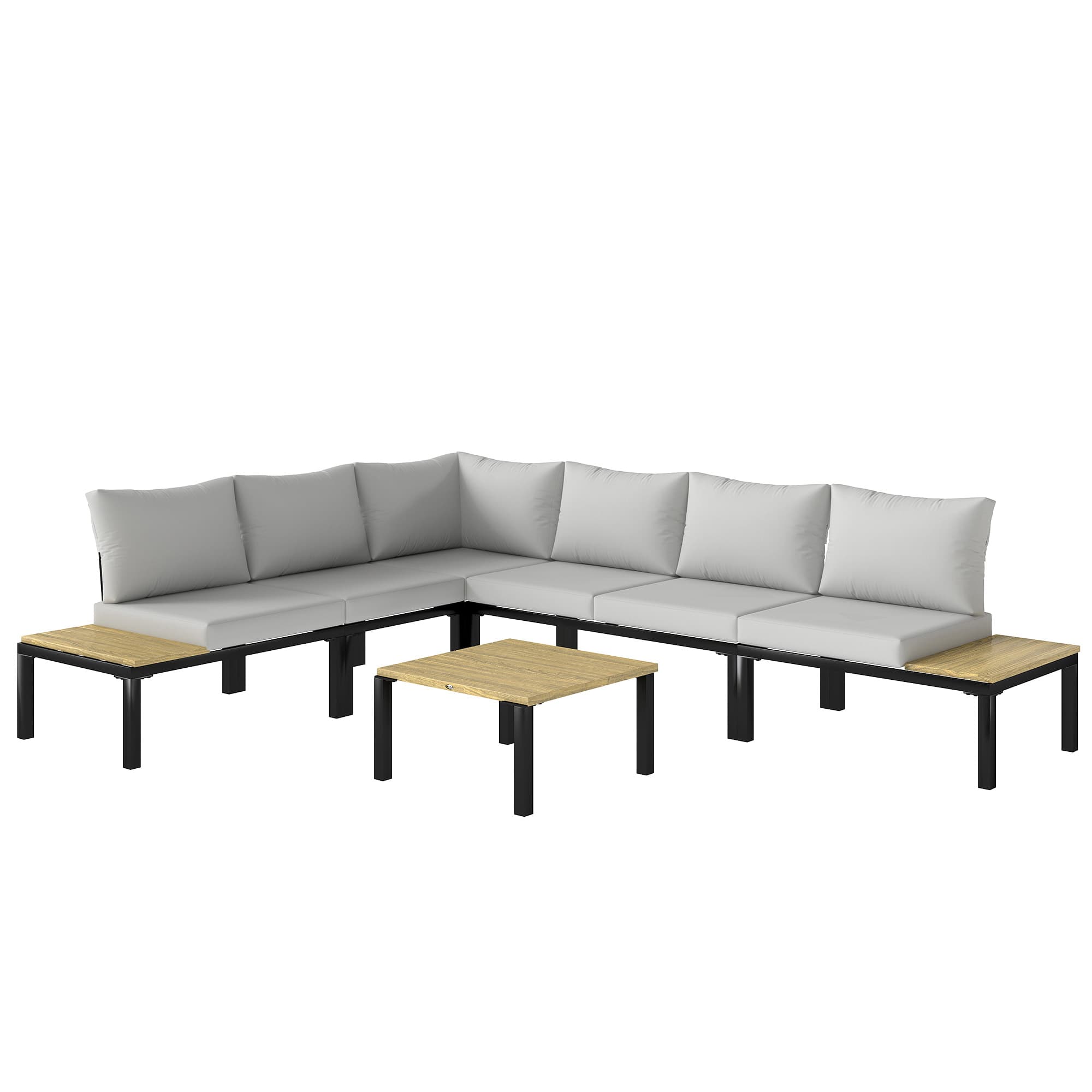 Outsunny Salon de Jardin Modulaire 6 Pièces Ensemble Canapé Extérieur Transformable en Lit Table Basse et Plateaux Latéraux Gris