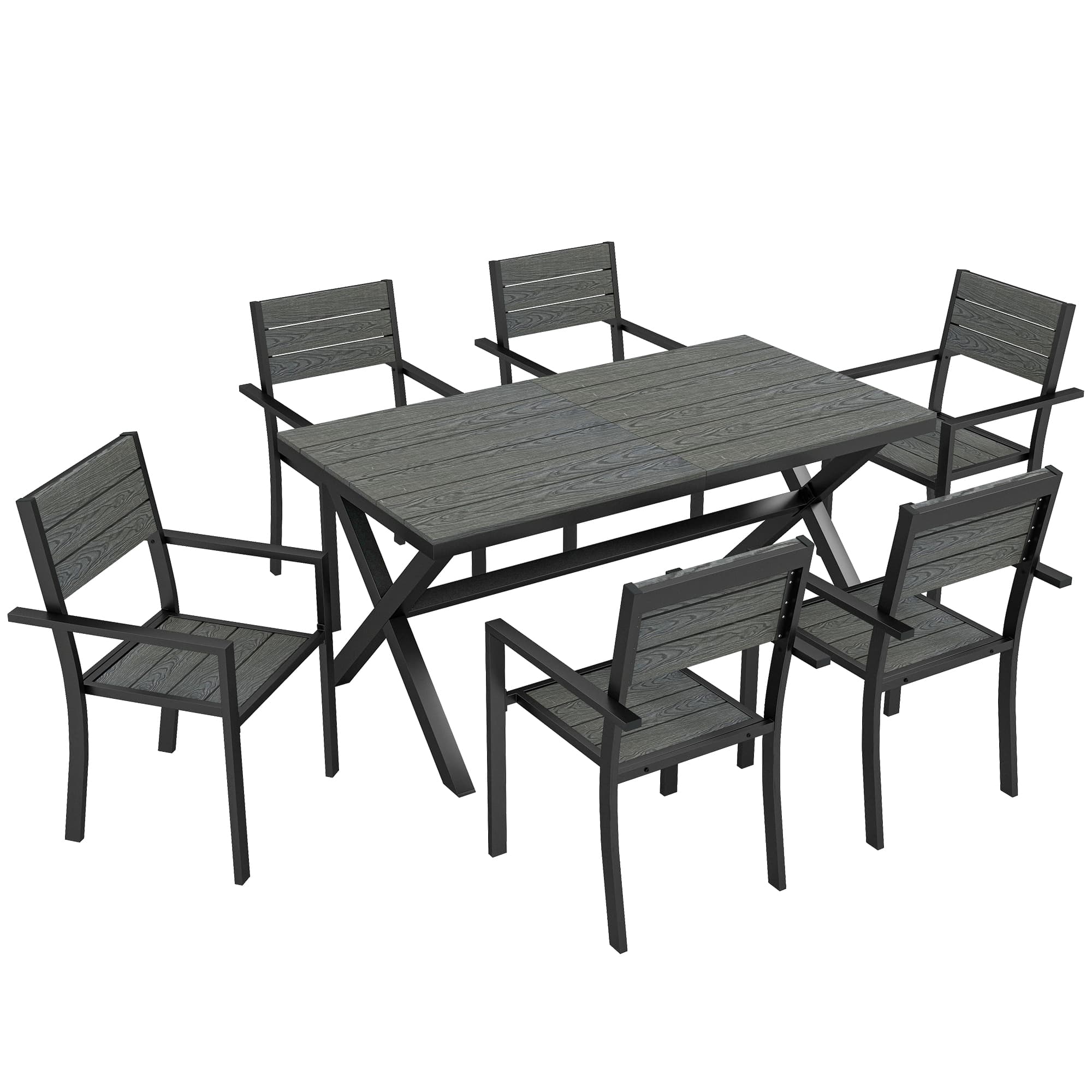 Outsunny Ensemble de Salle à Manger Extérieur 7 Pièces pour 6 Personnes, Table et Chaises Empilables avec Lattes Effet Bois, Cadre en Aluminium, Gris