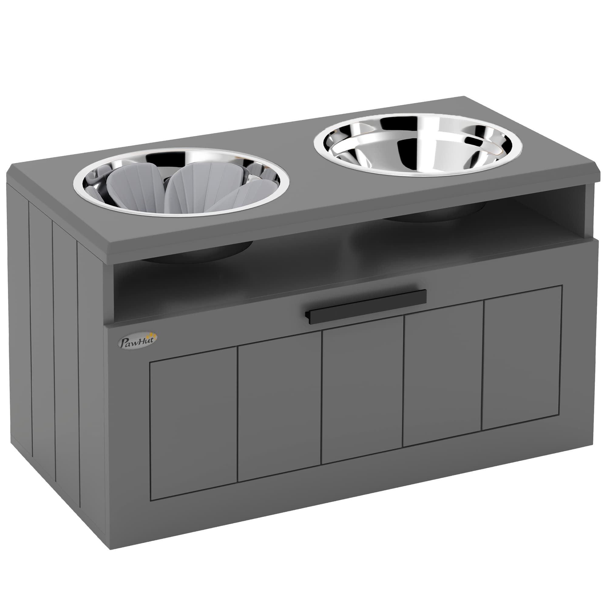 PawHut Gamelle Chien Surélevée avec Bols Anti-Glouton & Eau en Acier Inoxydable, Tiroir de Rangement, 60x30x35cm, Gris