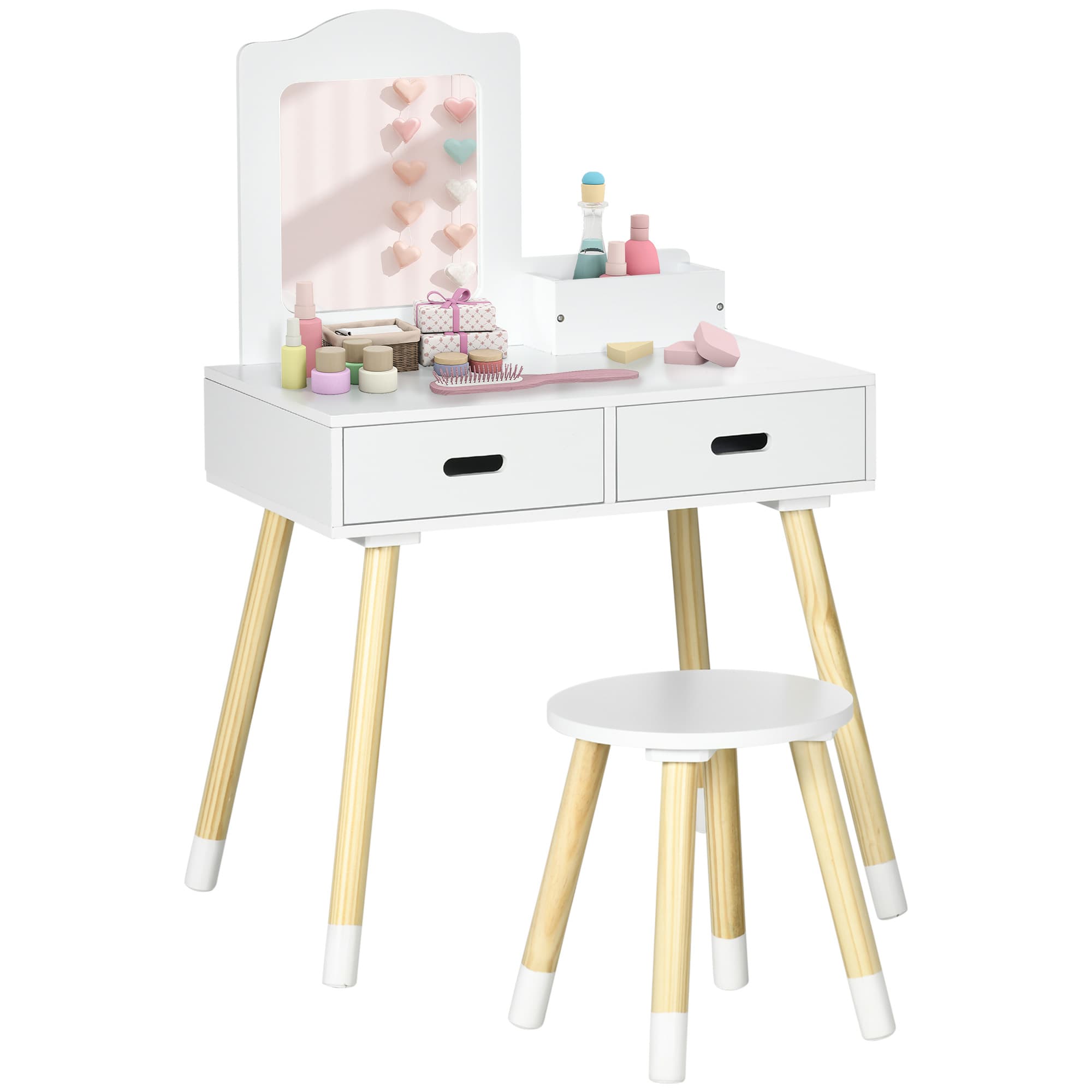 ZONEKIZ Coiffeuse enfant design scandinave avec tabouret miroir et 2 tiroirs 3 à 6 ans 60 x 40 x 95 cm blanc et bois Aosom France
