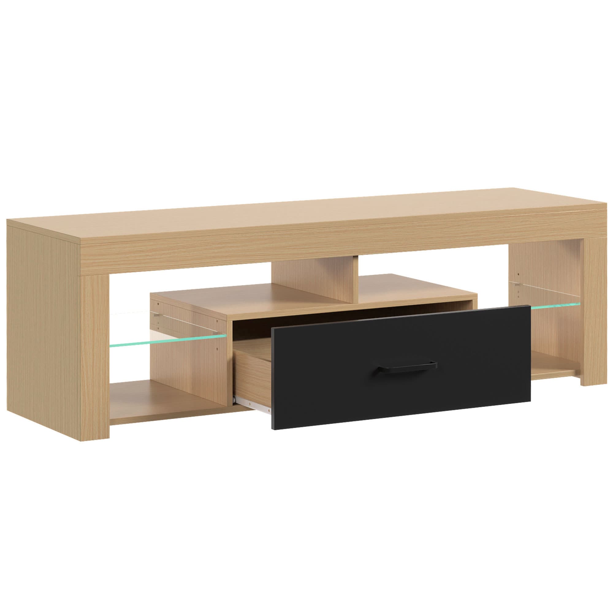 HOMCOM Meuble TV 140 cm, Meuble Télé pour 65 Pouces avec Étagères en Verre Réglables, Tiroir et Compartiments Ouverts, Chêne