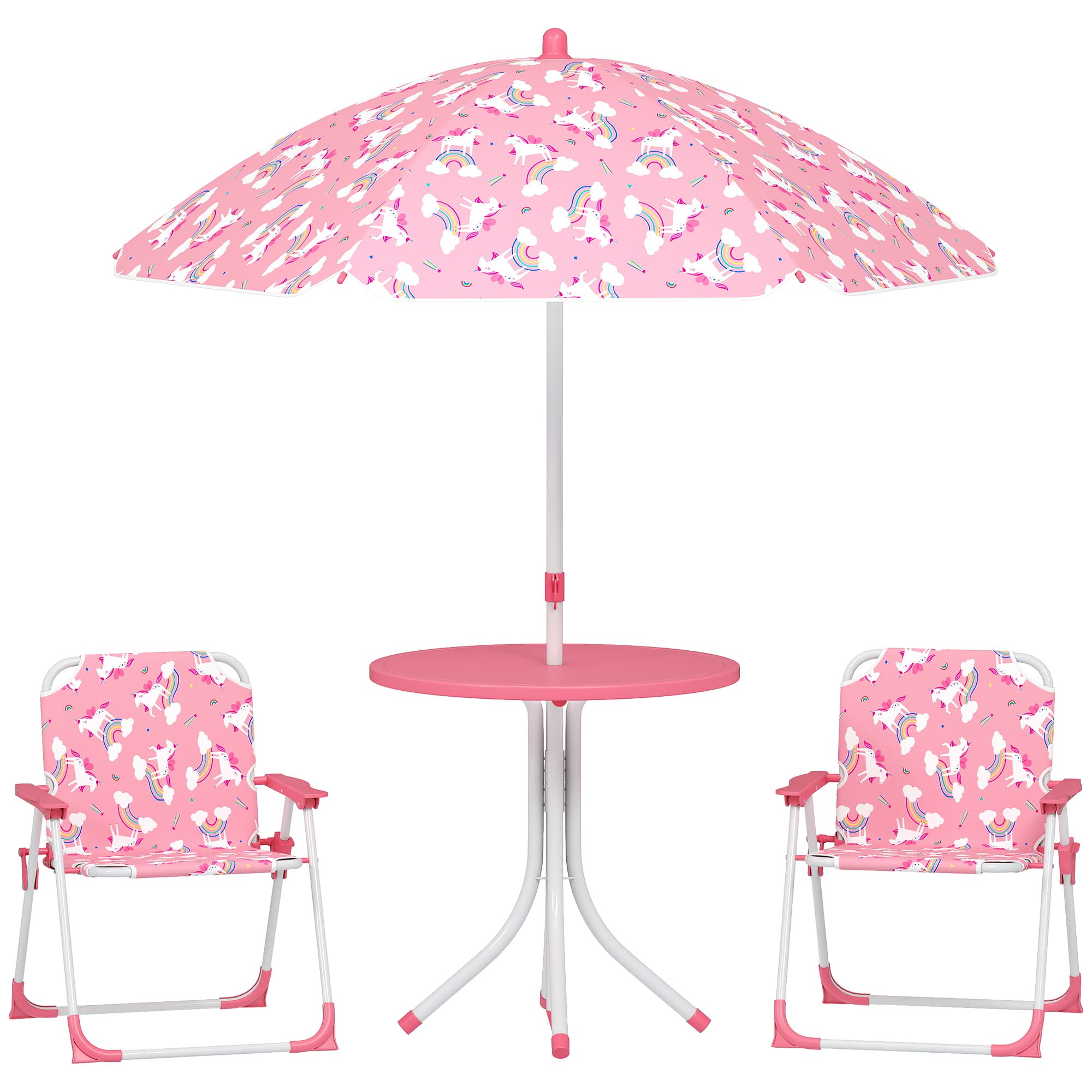 AIYAPLAY Salon de jardin enfant, table enfant avec 2 chaises pliantes et parasol amovible Ø 100 cm, motif jungle, rose