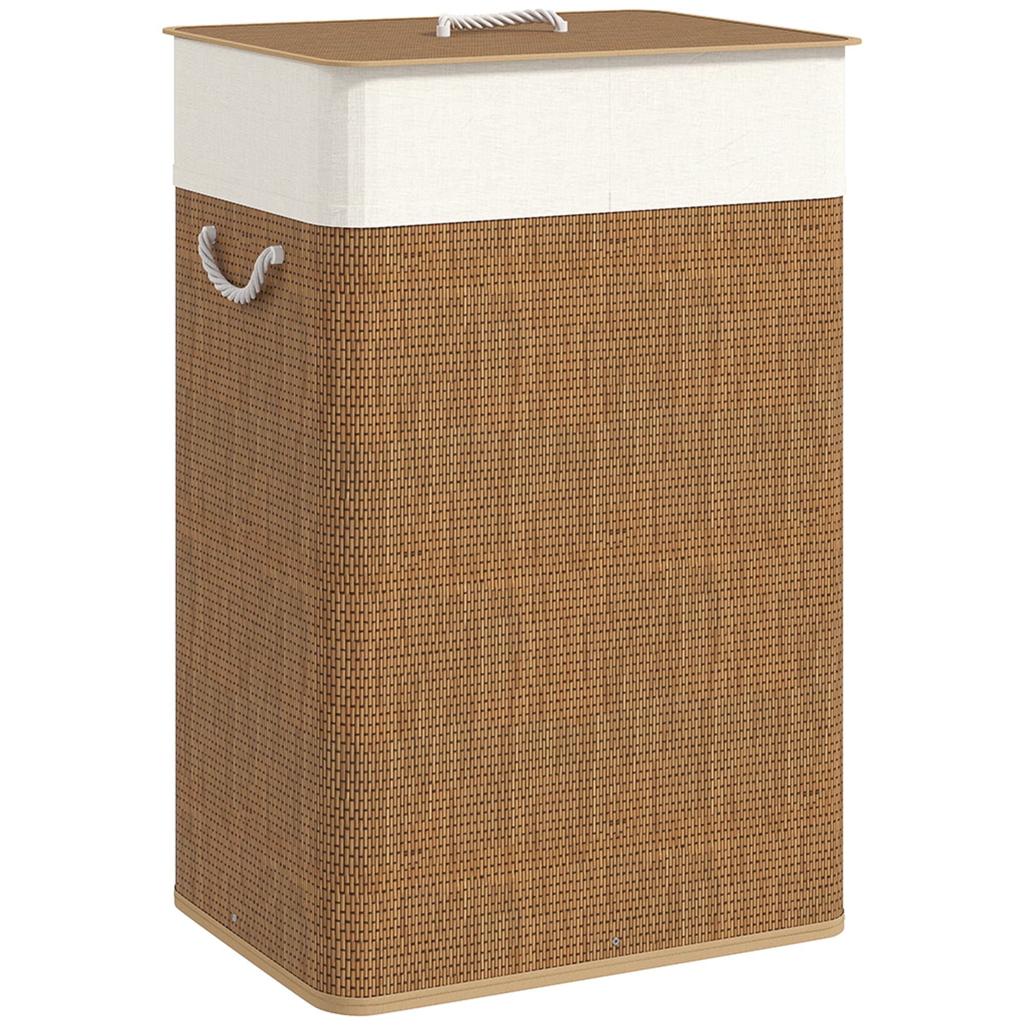 HOMCOM Panier à linge 72 L, corbeille à linge sale en bambou avec couvercle, poignées en corde, doublure amovible, marron