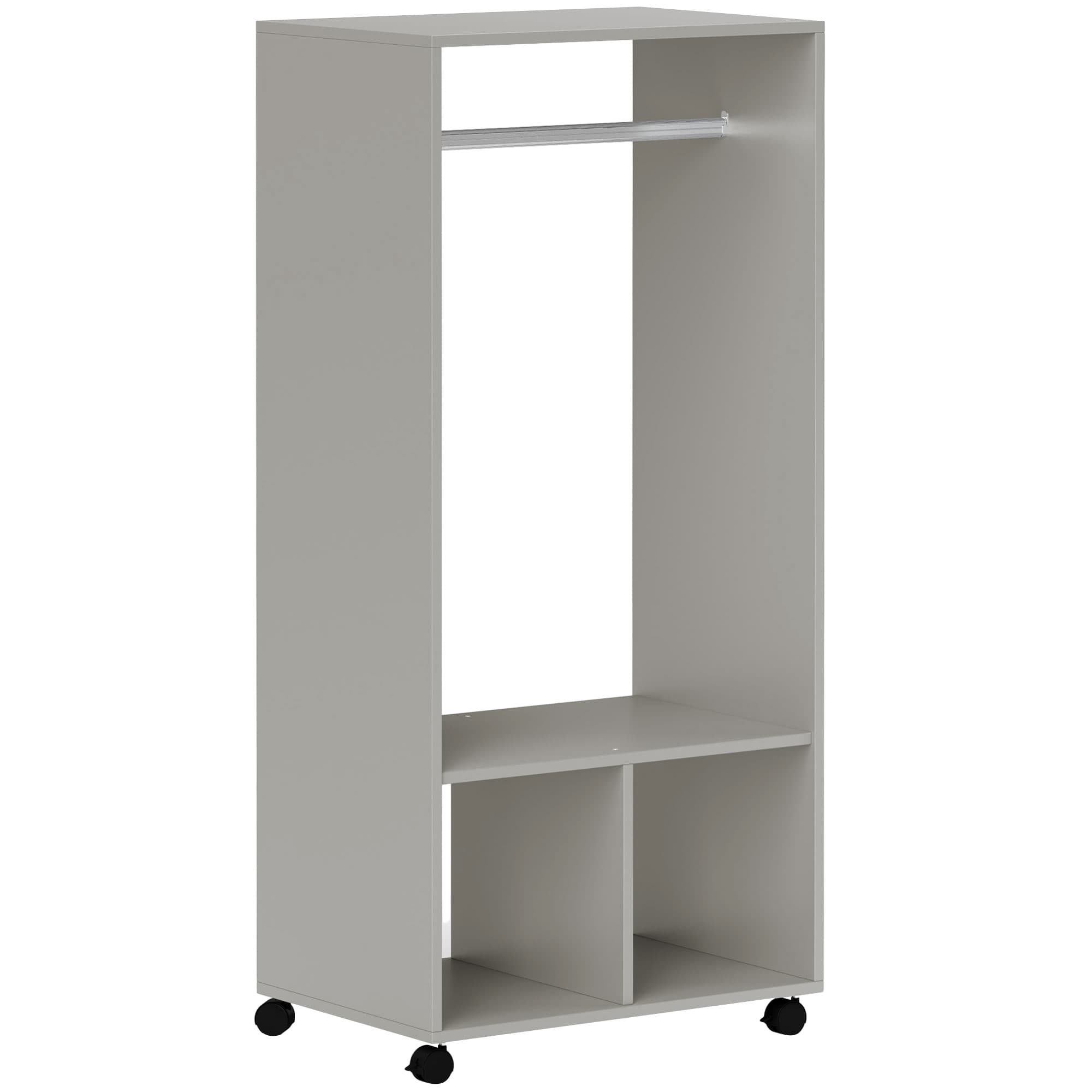 HOMCOM Armoire penderie étagère 2 niches penderie 4 roulettes pivotantes dim. 60L x 40l x 128H cm gris