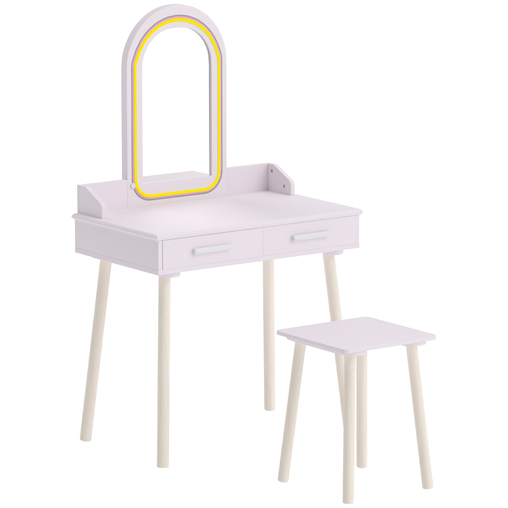 AIYAPLAY Ensemble Coiffeuse Maquillage Enfant avec Tabouret, Miroir en Acrylique, LED 3 Couleurs, 2 Tiroirs, 3-8 Ans, Rose