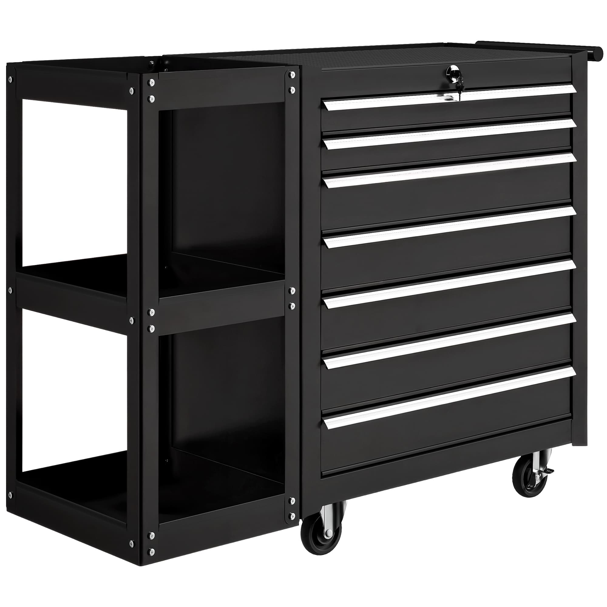 HOMCOM Servante d'Atelier en Acier à 7 Tiroirs, Chariot à Outils sur Roulettes avec Étagère Latérale Amovible, Noir