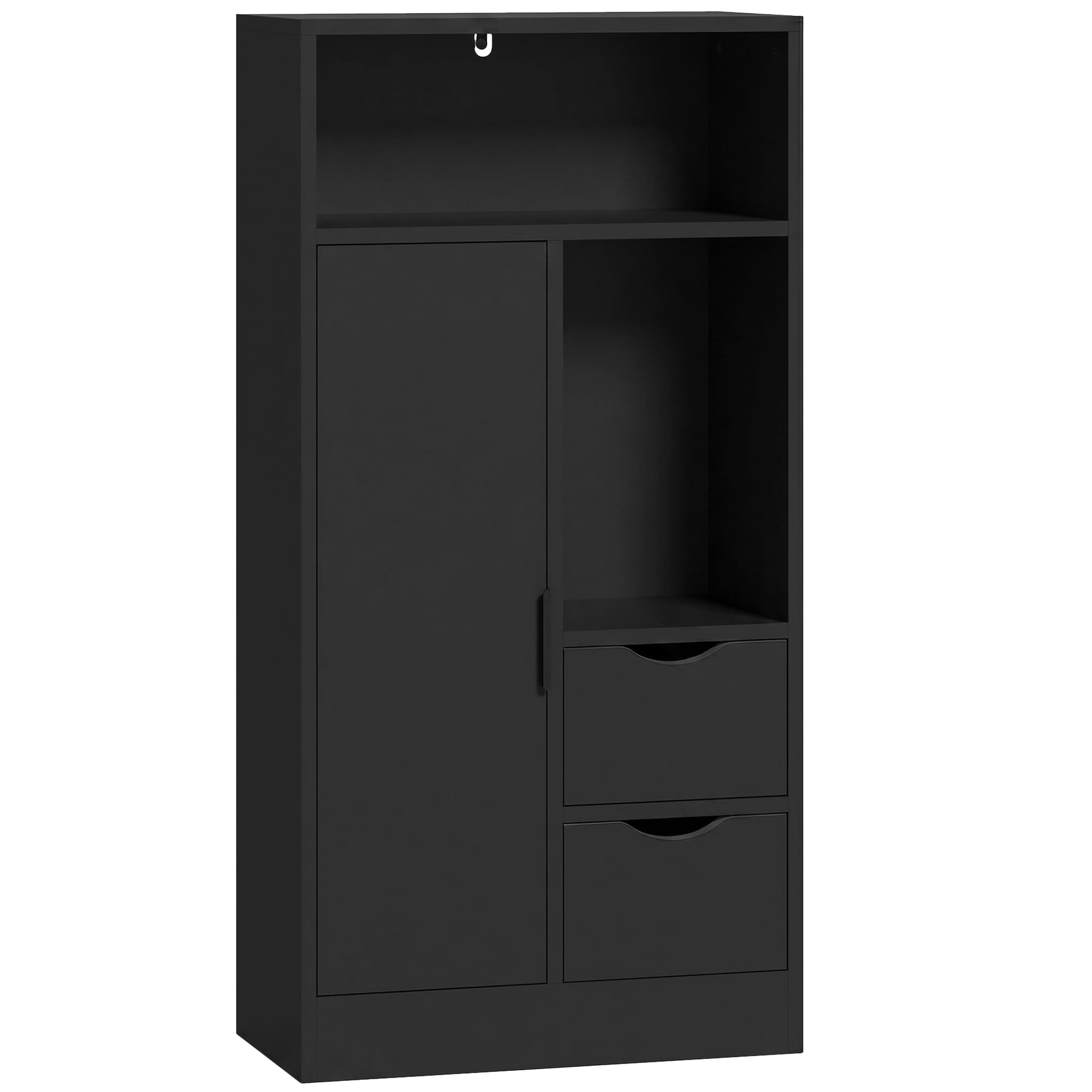 HOMCOM Meuble de salle de bain, meuble de rangement étroit avec 2 tiroirs, compartiments ouverts, 50x25x100cm, noir