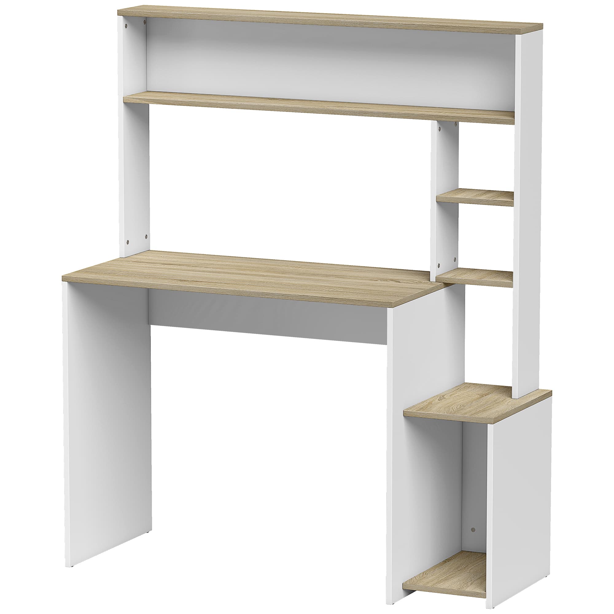 HOMCOM Bureau Informatique, 114 x 45 x 138 cm, Bureau avec Rangement, Étagères Ouvertes et Support UC, Blanc et Bois Naturel
