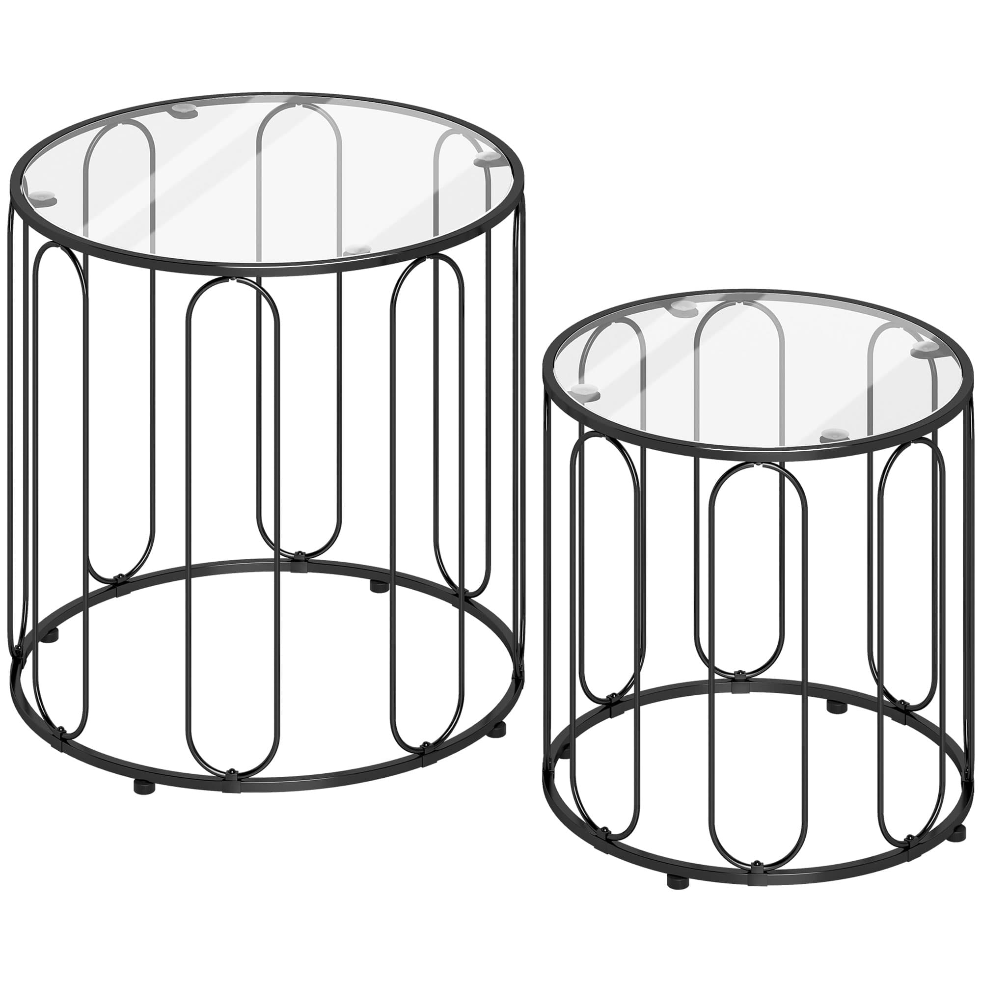 HOMCOM Ensemble de 2 tables gigognes avec structure métallique et plateau en verre Ø50x50 cm et Ø40x40 cm, noir