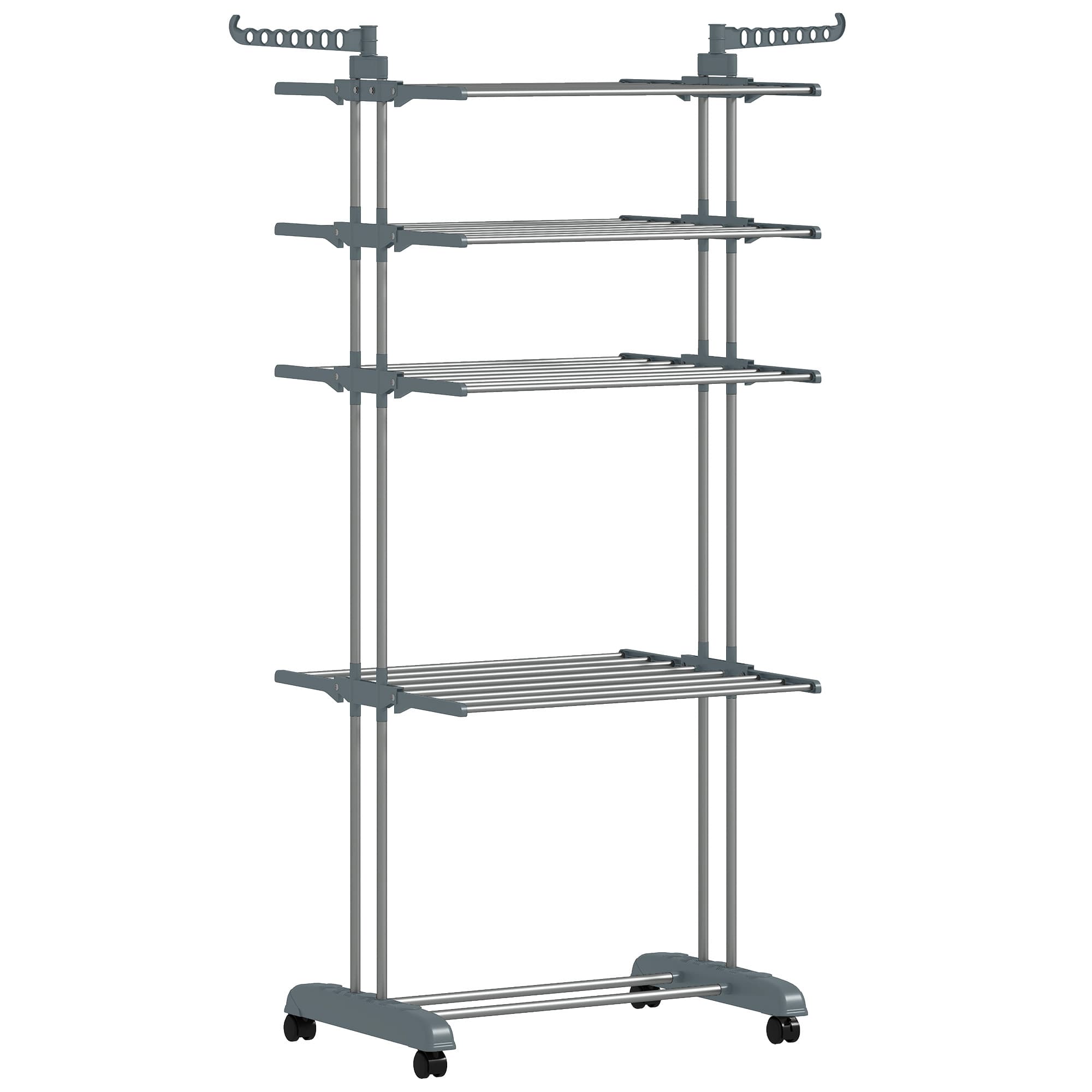 HOMCOM Séchoir à linge pliable 5 niveaux avec roulettes, étendoir linge intérieur avec ailes latérales, cadre en acier, gris
