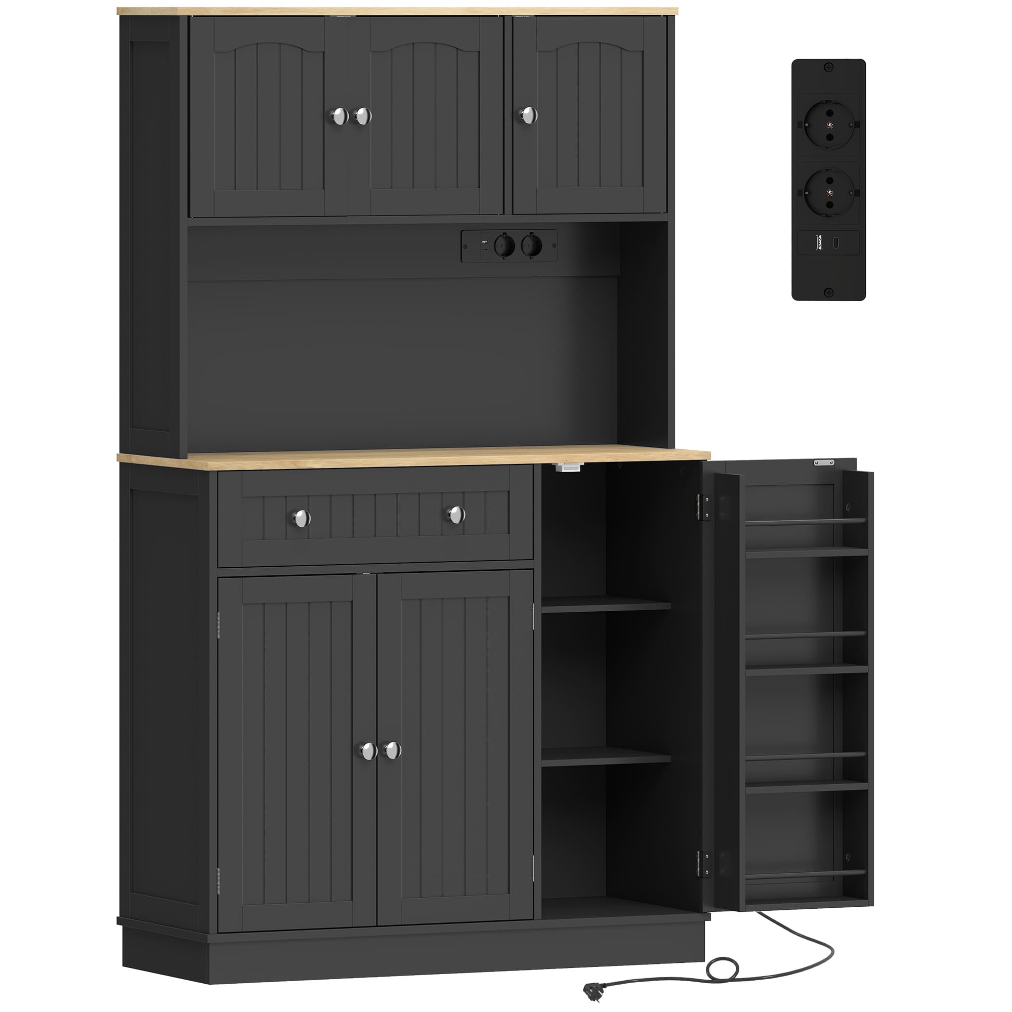 HOMCOM Buffet haut cuisine, armoire de cuisine, station de charge, 6 portes, plan de travail, porte-épices, 100x40x173cm, noir