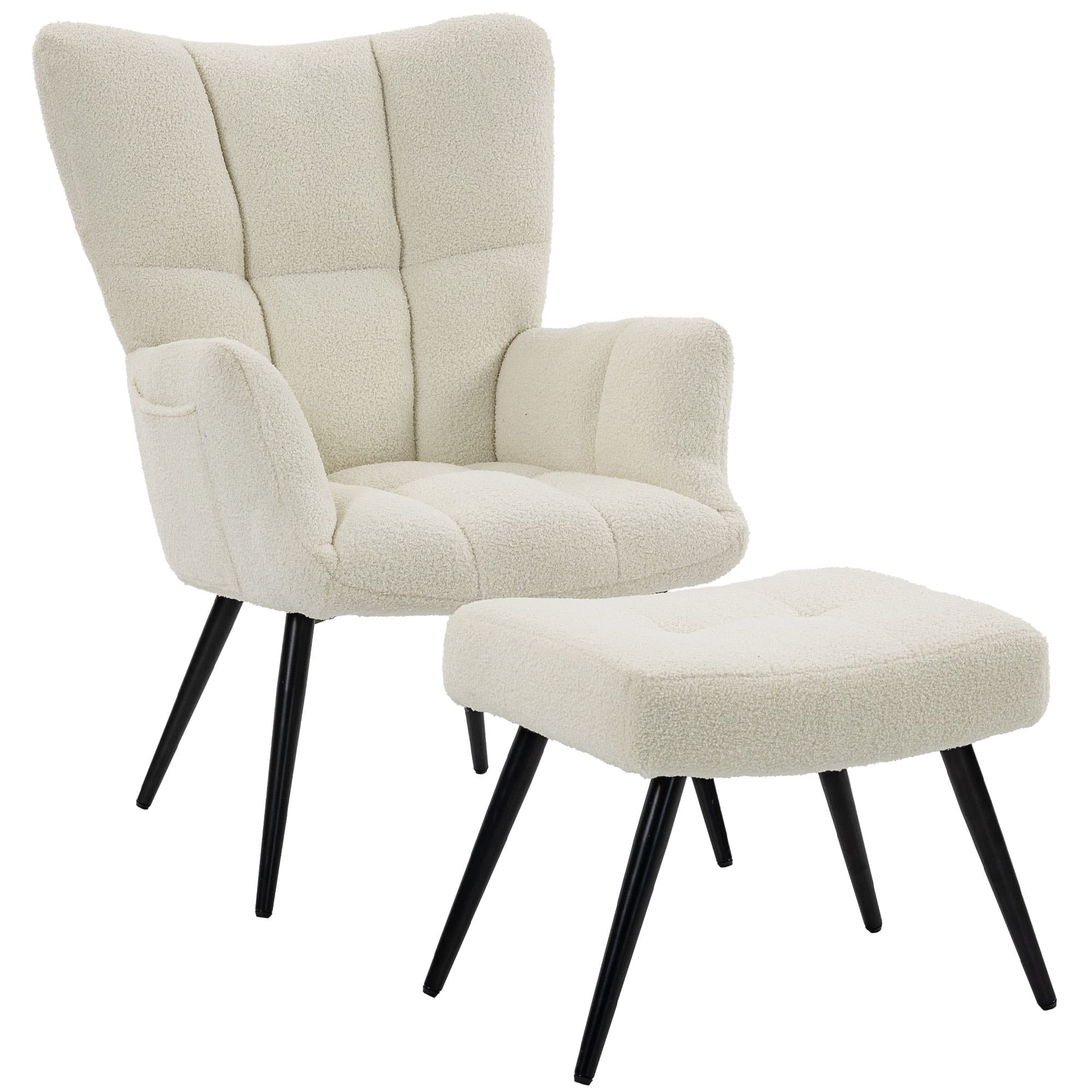 HOMCOM Fauteuil de Salon avec Repose-Pied, Fauteuil d'Appoint Capitonné en Peluche Teddy, Dossier Haut, Poches Latérales, Beige