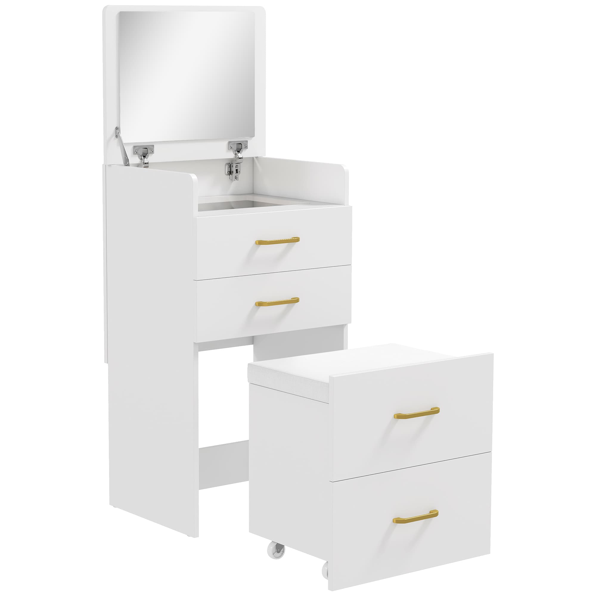 HOMCOM Coiffeuse avec miroir et tabouret 3 en 1, 3 tiroirs et plateau en verre visible, coussin rembourré, 48 x 40 x 90 cm, blanc