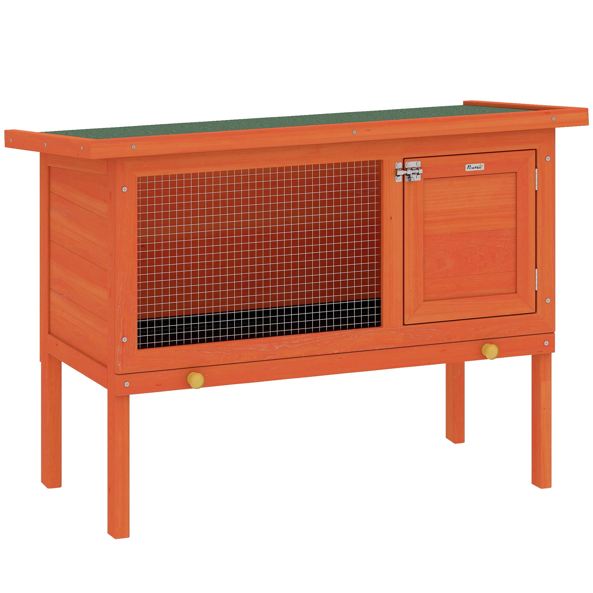PawHut Clapier Lapin Extérieur en Bois, Toit Ouvrable en Asphalt et Plateau Coulissant, Design Surélevé, 90x45x65cm, Orange