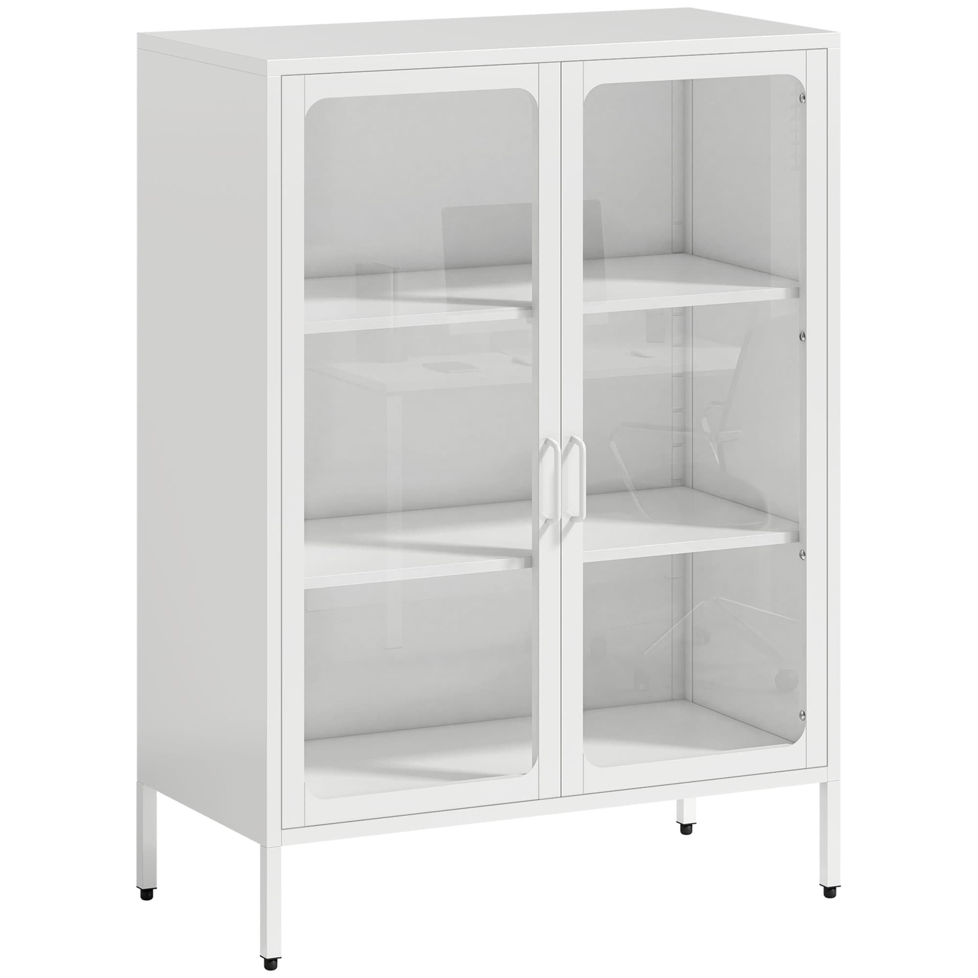 HOMCOM Armoire de bureau avec 2 portes en verre, 2 étagères réglables, meuble de rangement bureau en acier, 80x40x110cm, blanc