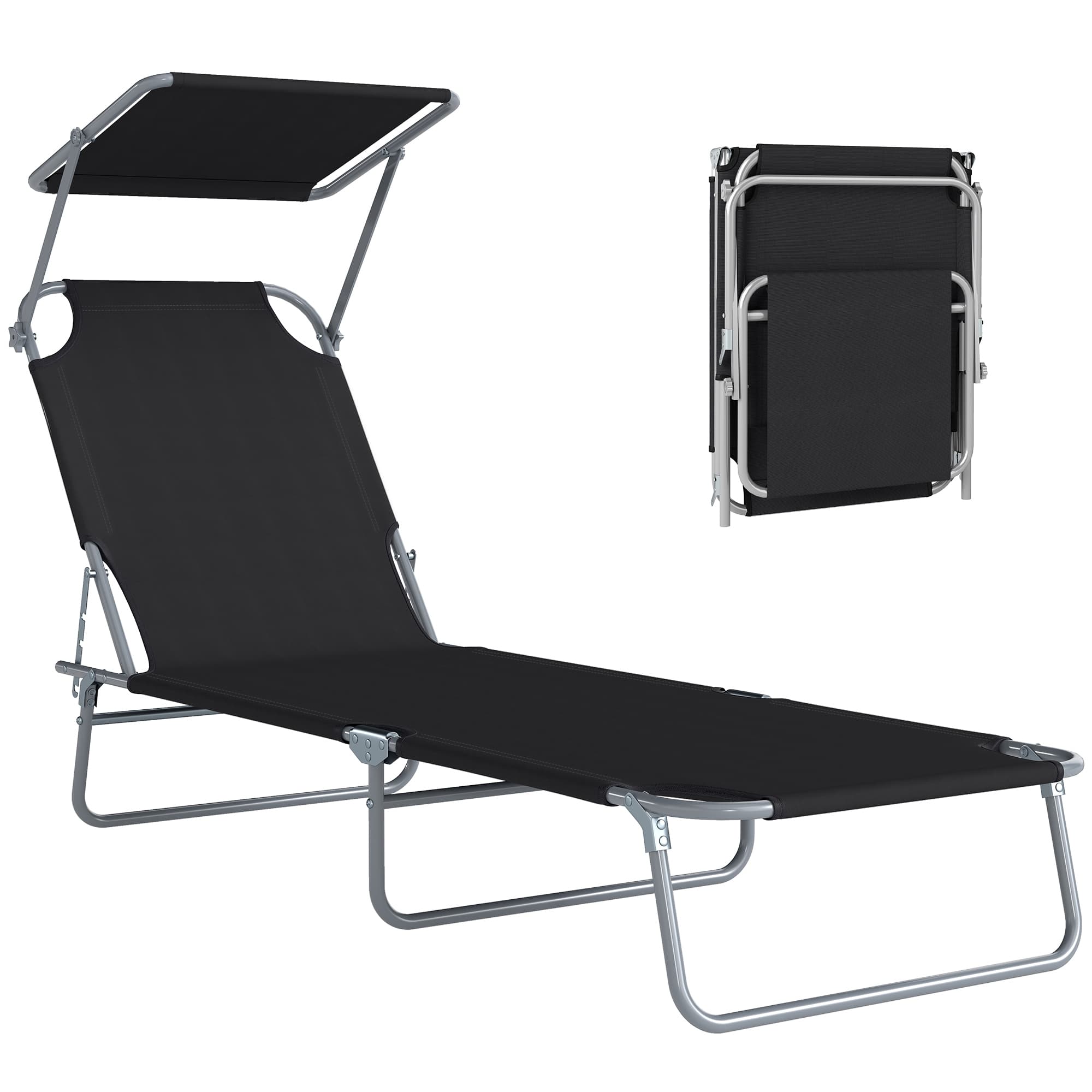 Outsunny Transat Bain de Soleil Noir Inclinable Multi-Positions avec Pare-Soleil Réglable 187x58x36cm Aosom France