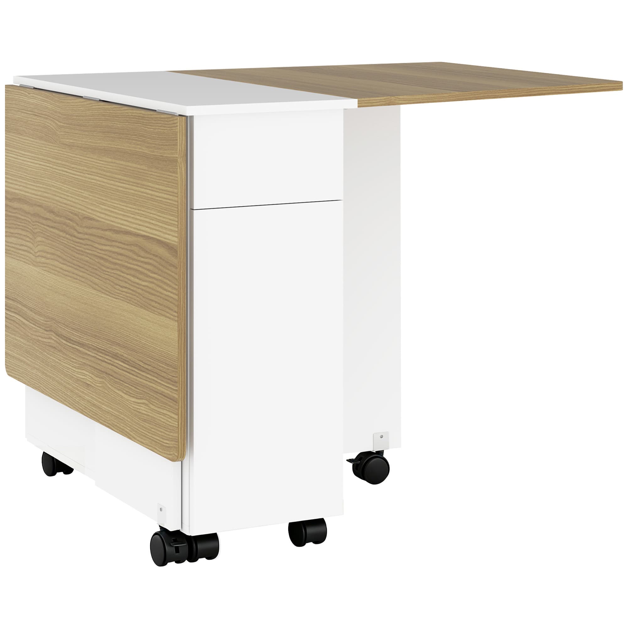 HOMCOM Table à manger pliable pour 2-6 personnes, table de cuisine sur roulettes avec 2 tiroirs 2 placards, 140x76x74cm, blanc
