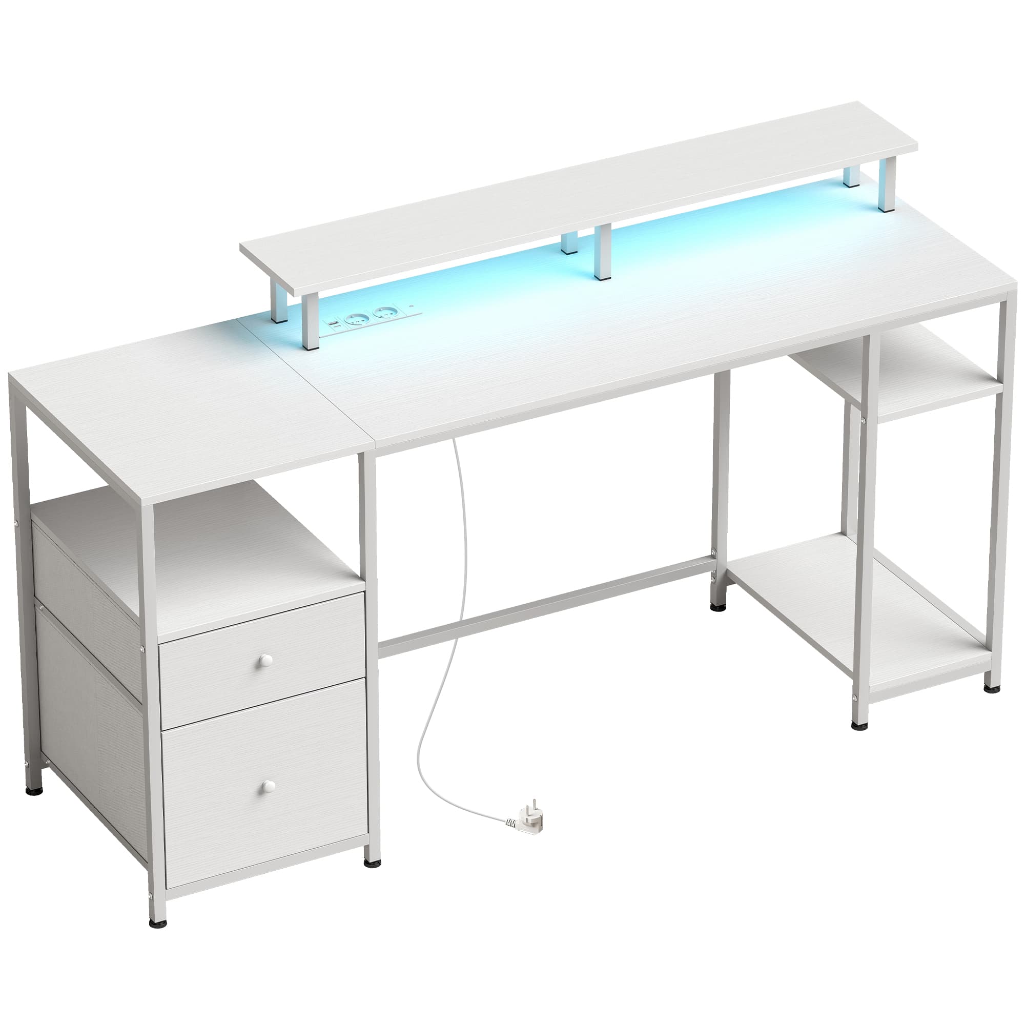 HOMCOM Bureau avec lumières LED, tiroirs, prises, ports USB et support pour moniteur 155,5x48x88,5 cm Blanc