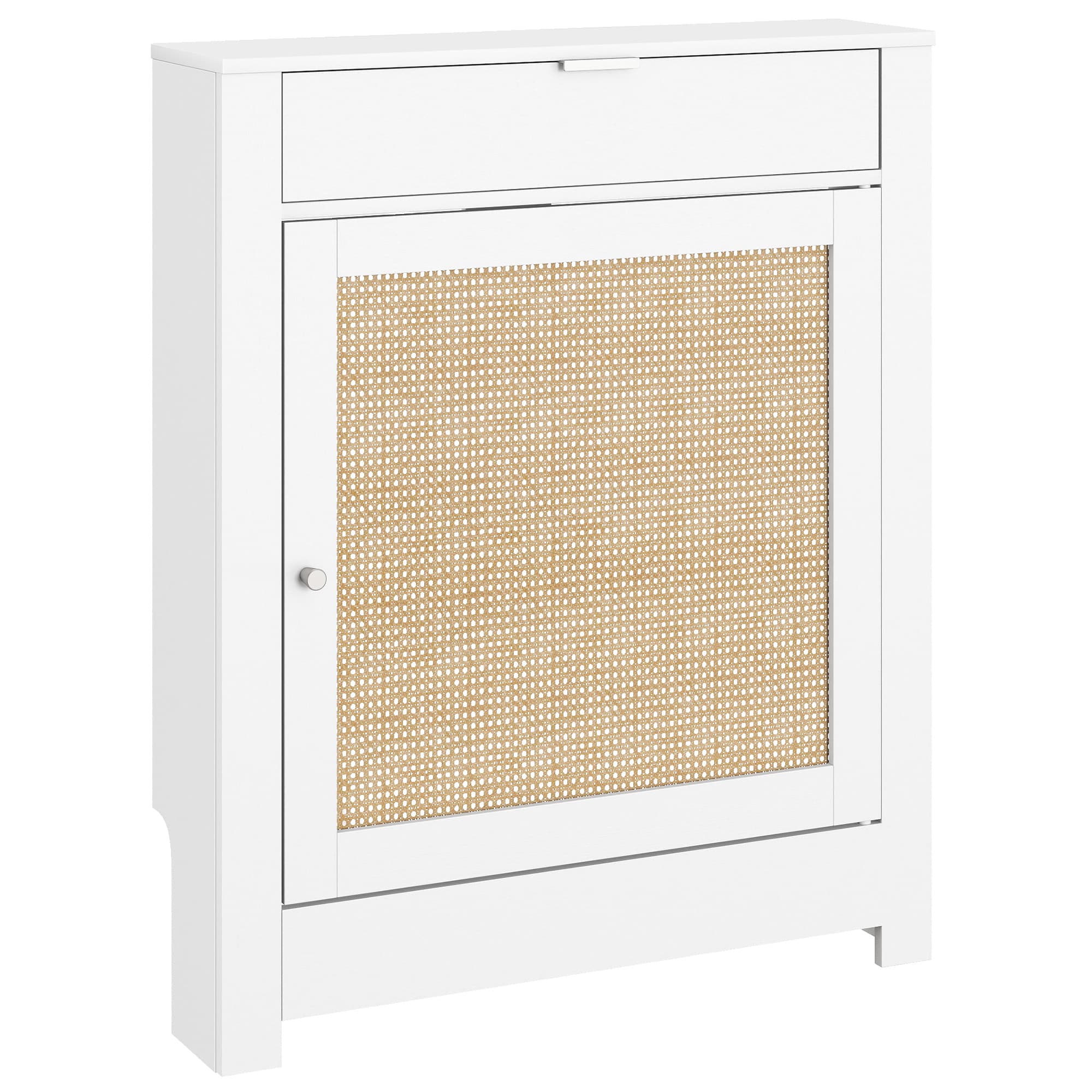 HOMCOM Cache-Radiateur avec Placard Rabattable et Porte en Rotin, Couvercle de Radiateur en Bois avec Compartiment, Blanc