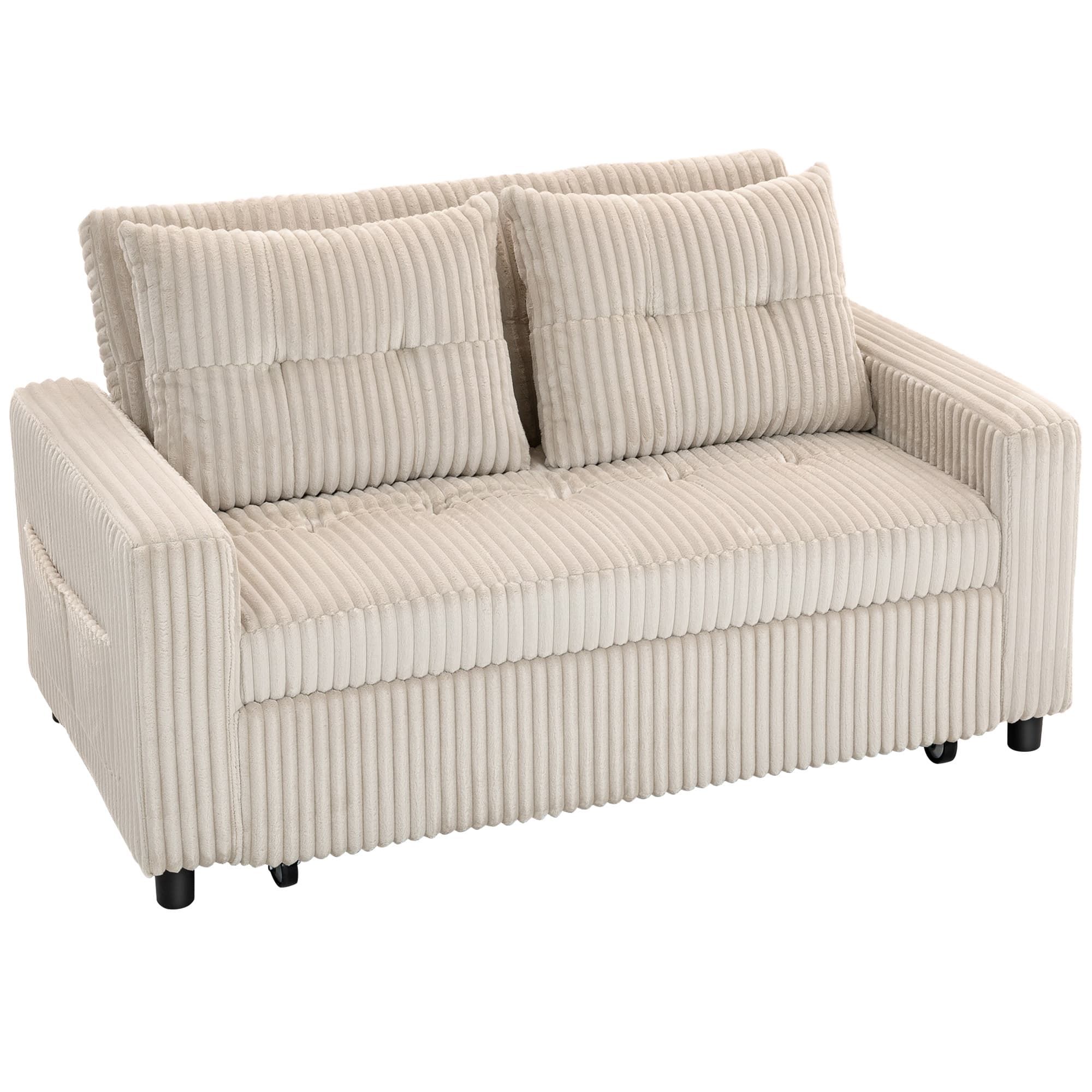 HOMCOM Canapé convertible 2 places canapé-lit en velours côtelé 157x190cm dossier réglable poches latérales et 2 coussins crème