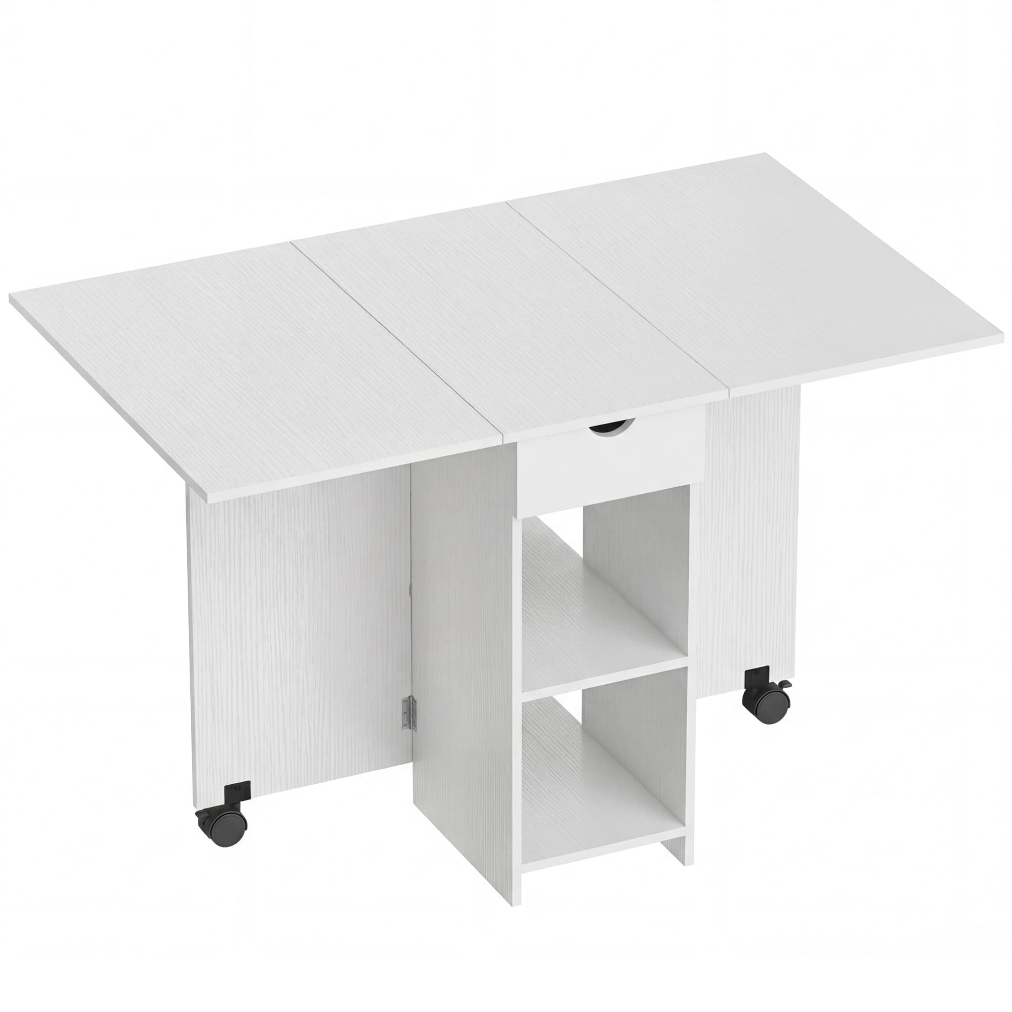 HOMCOM Table de cuisine pliante avec roulettes Ailes rabattables Tiroir et étagères pour 2-4 personnes 120x72x75 cm Blanc