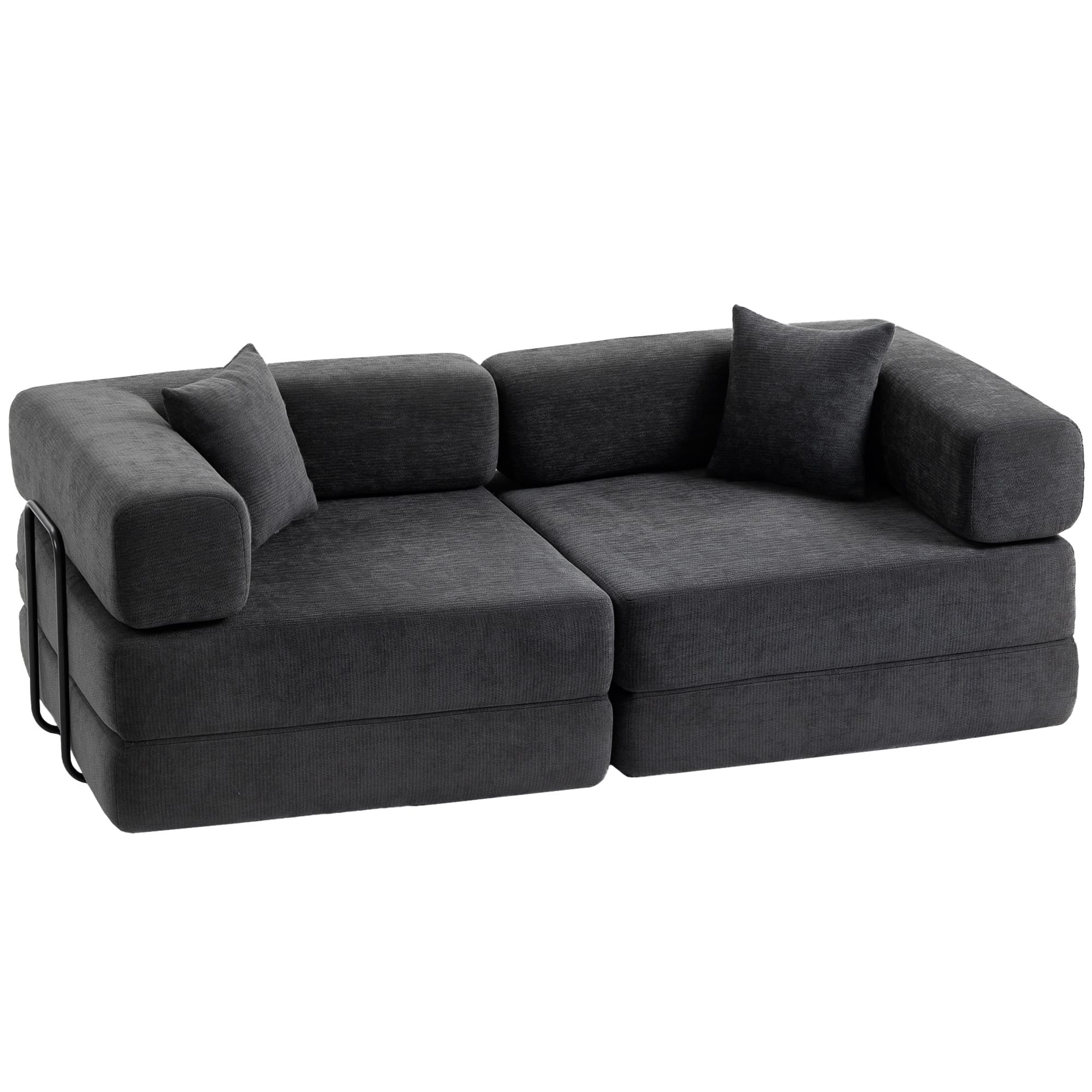 HOMCOM Canapé Convertible 2 Places, Canapé-Lit en Chenille 198 cm, Assise et Accoudoirs Larges, 2 Coussins, Gris Foncé