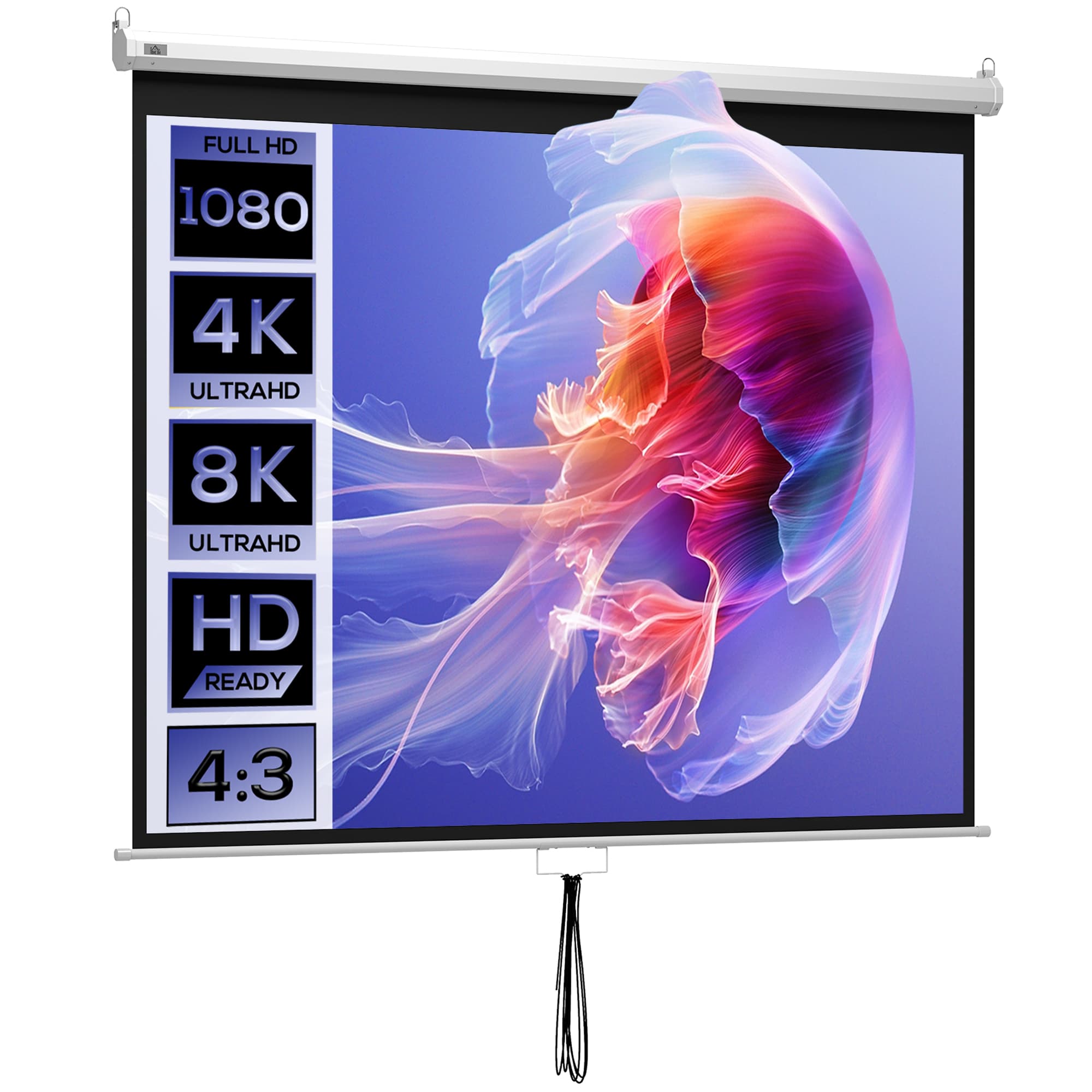 HOMCOM Écran de Projection 100" 4:3 HD 4K, Boîtier en Métal, Écran Hauteur Réglable Manuellement, 203x152cm, Blanc