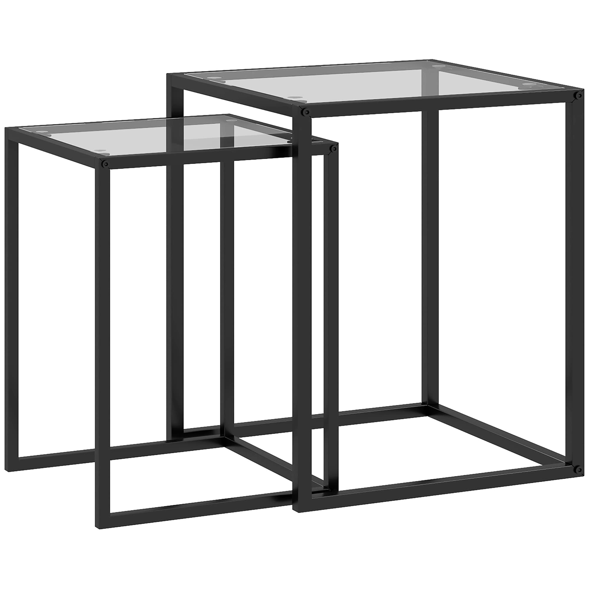 HOMCOM Lot de 2 tables basse gigogne, tables d'appoint empilable, plateau verre trempé cadre acier, patins antidérapants, noir