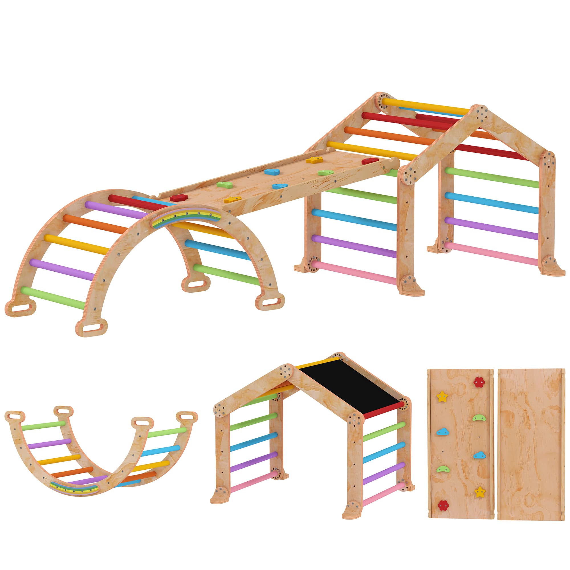 AIYAPLAY Triangle d'escalade enfant avec rampe réversible toboggan bascule et structure d'escalade multicolore