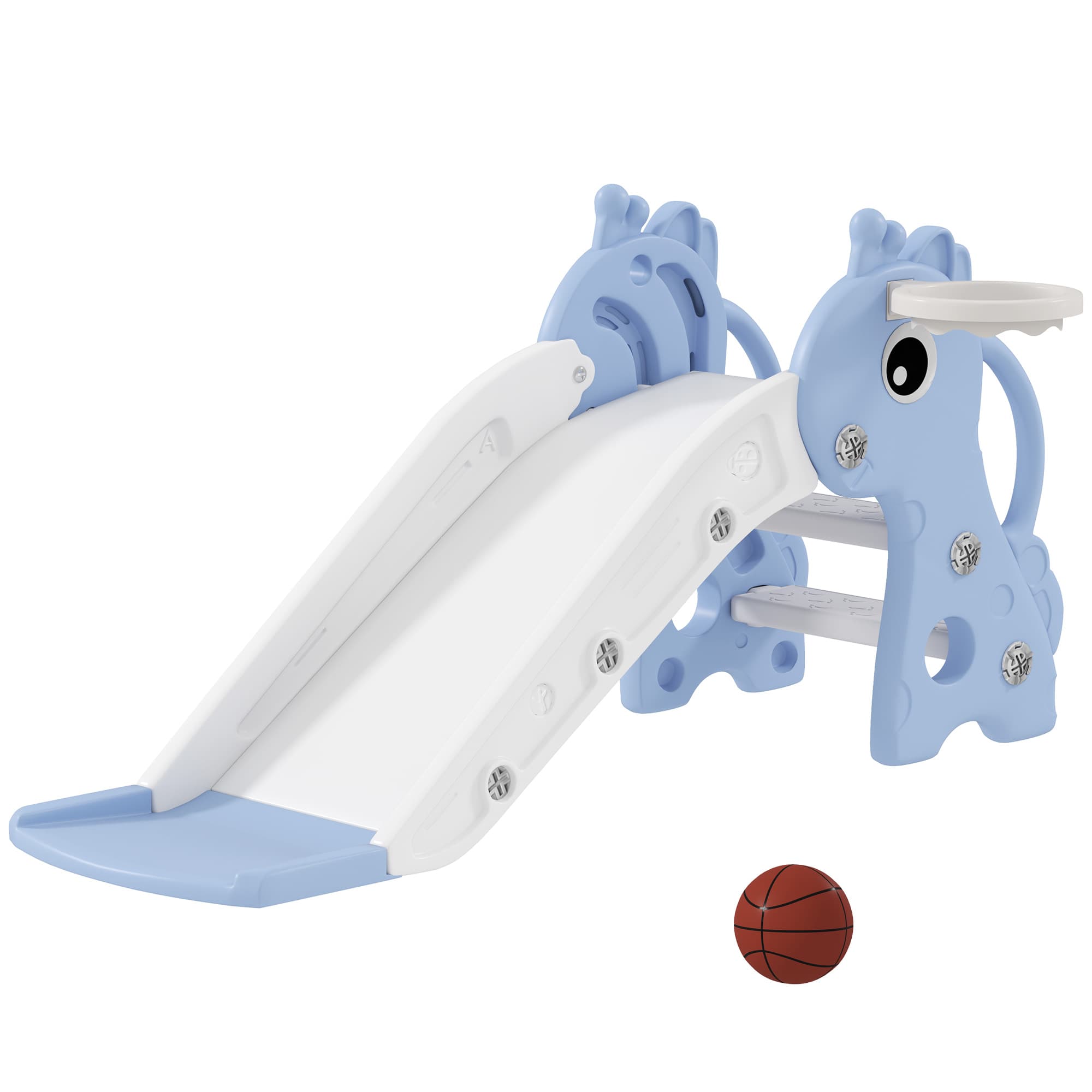 AIYAPLAY Toboggan pour enfants 3 en 1 en forme de girafe avec panier de basket, escalade et ballon, 106 x 51,5 x 52 cm, bleu