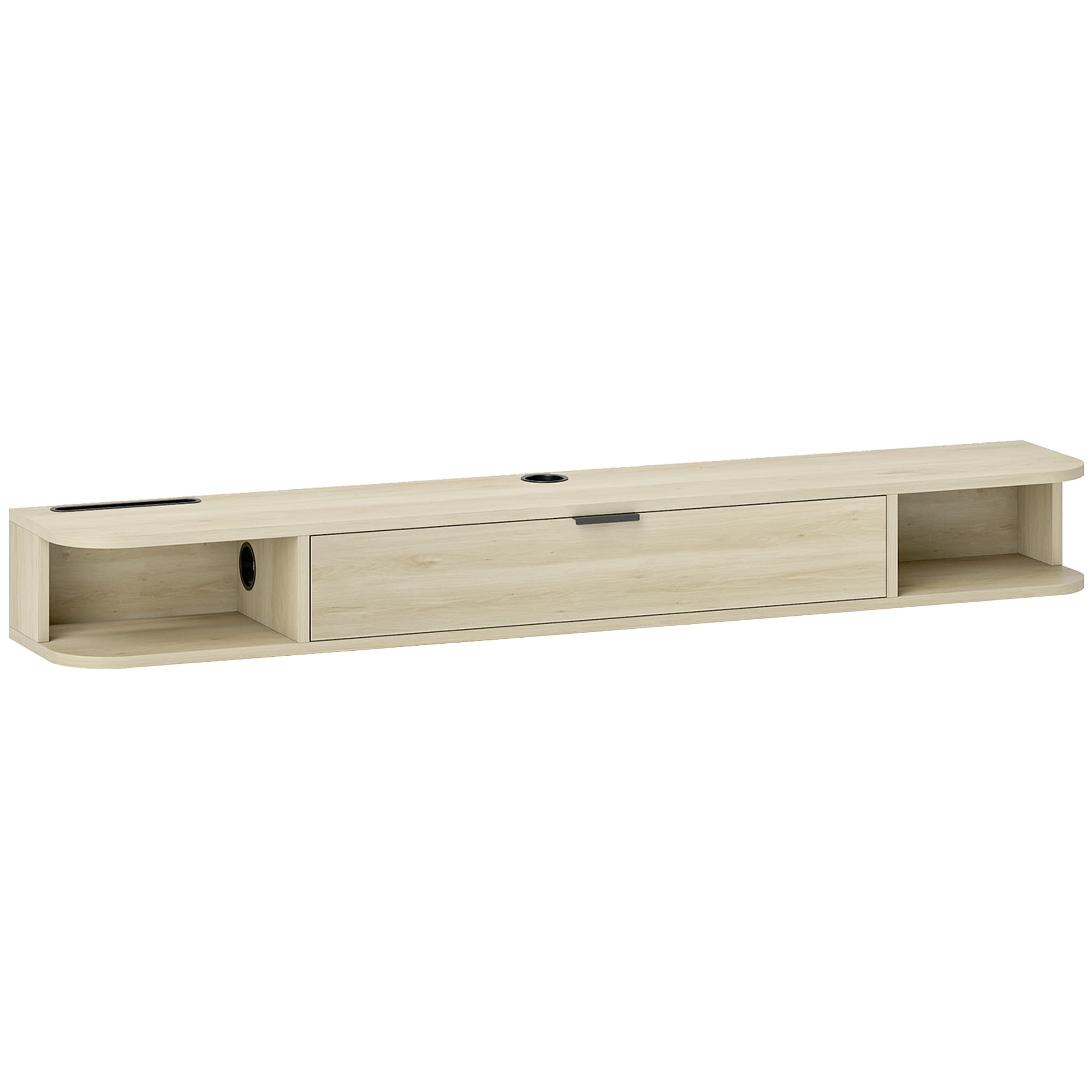 HOMCOM Meuble TV suspendu, meuble télé pour téléviseur jusqu'à 60 pouces, tiroir rabattable 2 étagères 140x24x16cm bois naturel