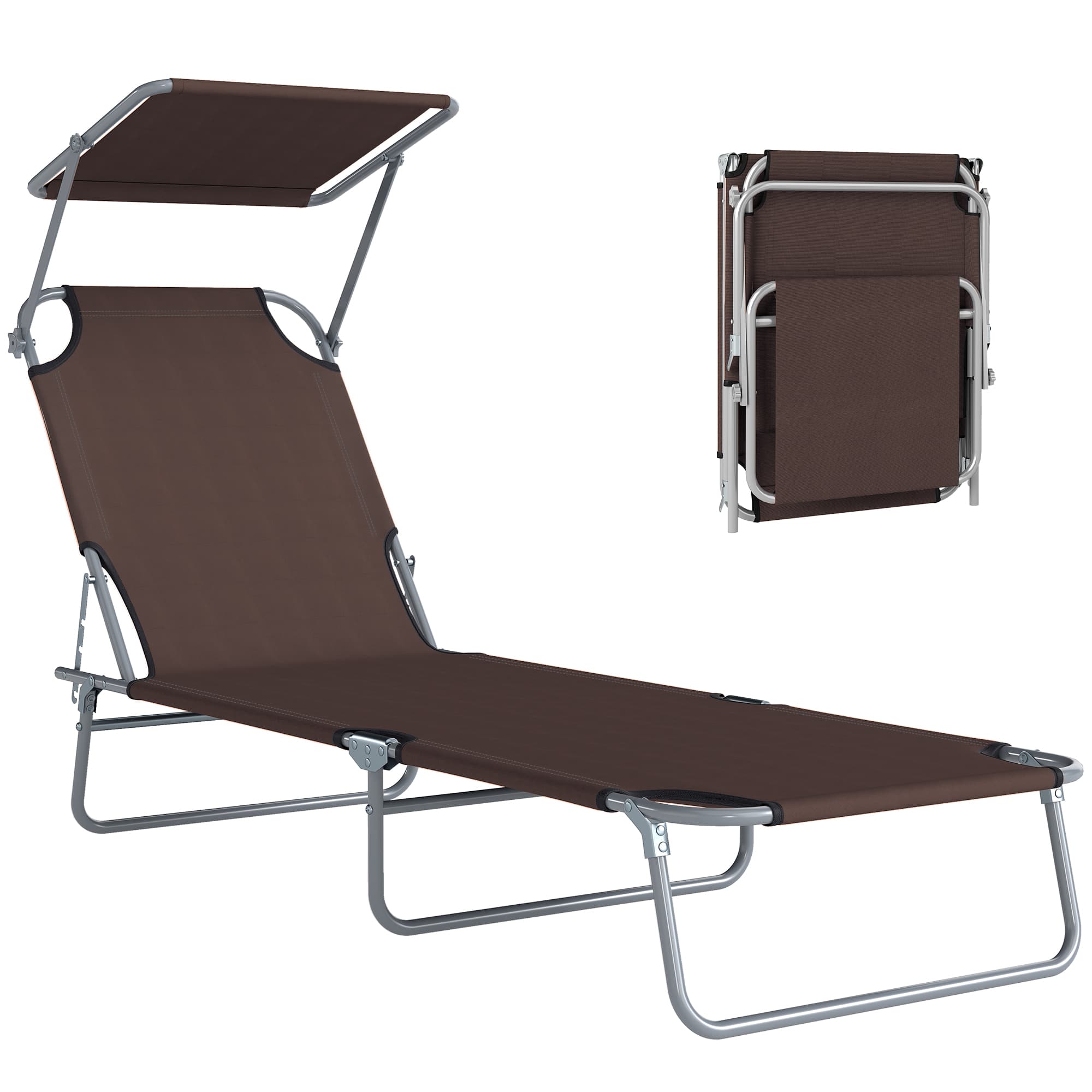 Outsunny Transat Bain de Soleil Chaise Longue Pliante Dossier Inclinable Multi-positions et Pare-Soleil réglable Dim. 187L x 58l x 36H cm Chocolat