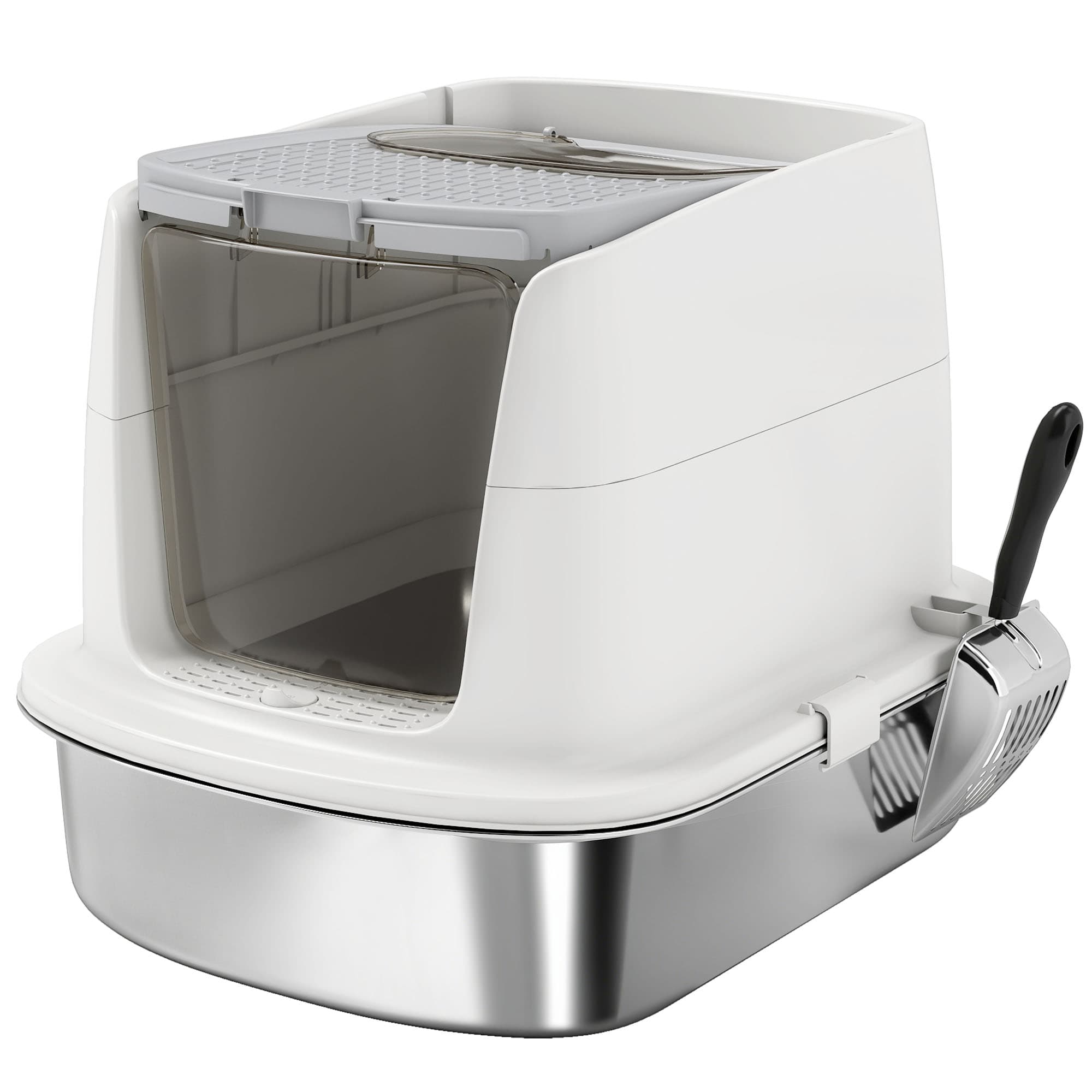 PawHut Bac à Litière Fermé en Inox, Couvercle Amovible, Entrée Frontale et Sortie Supérieure, Pelle, 52,4x41,3x39,8cm, Blanc