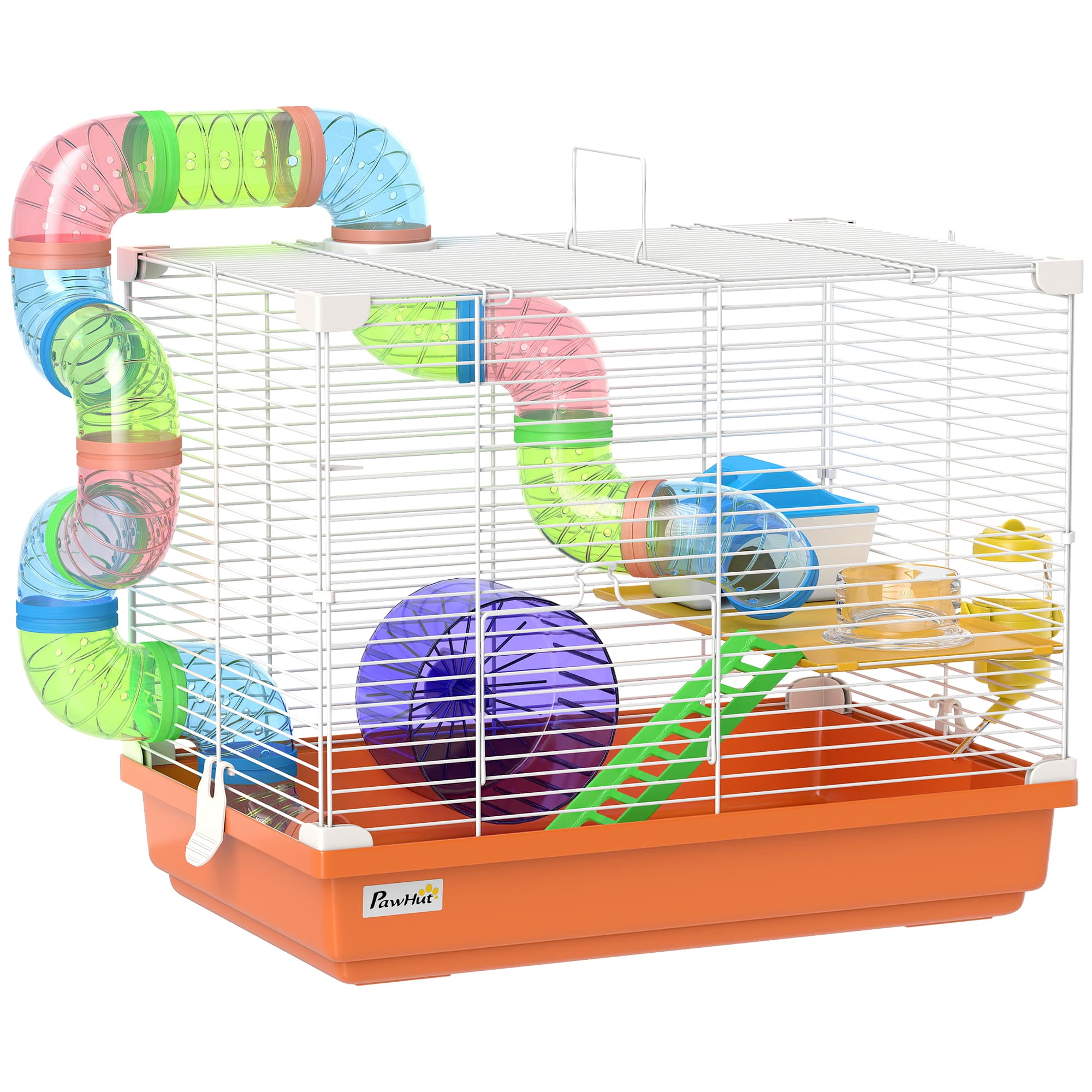 PawHut Cage à hamster rongeur 2 niveaux avec tunnel, biberon eau, roue, maisonnette, échelles 46 x 30 x 37 cm orange