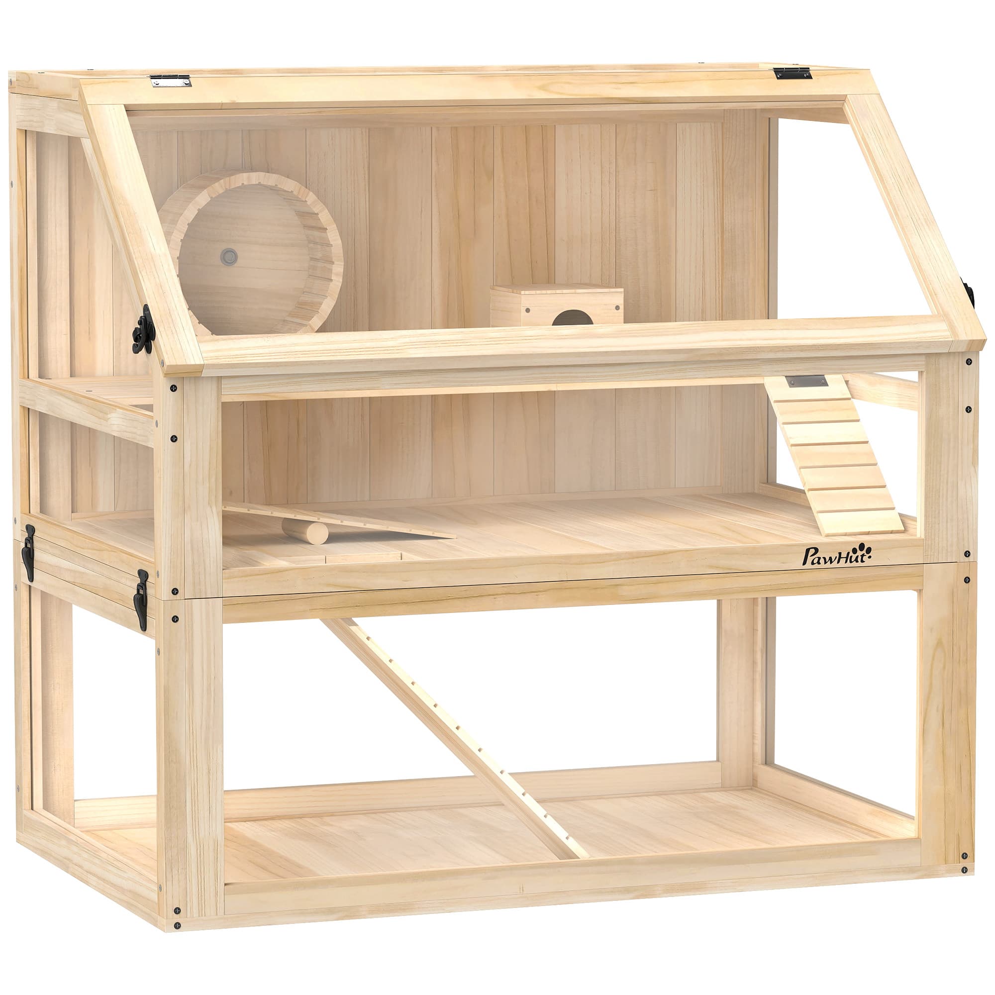 PawHut Cage hamster rongeur à 3 niveaux fond amovible de 31 cm de profondeur cabane balançoire 80x50x76cm finition bois naturel