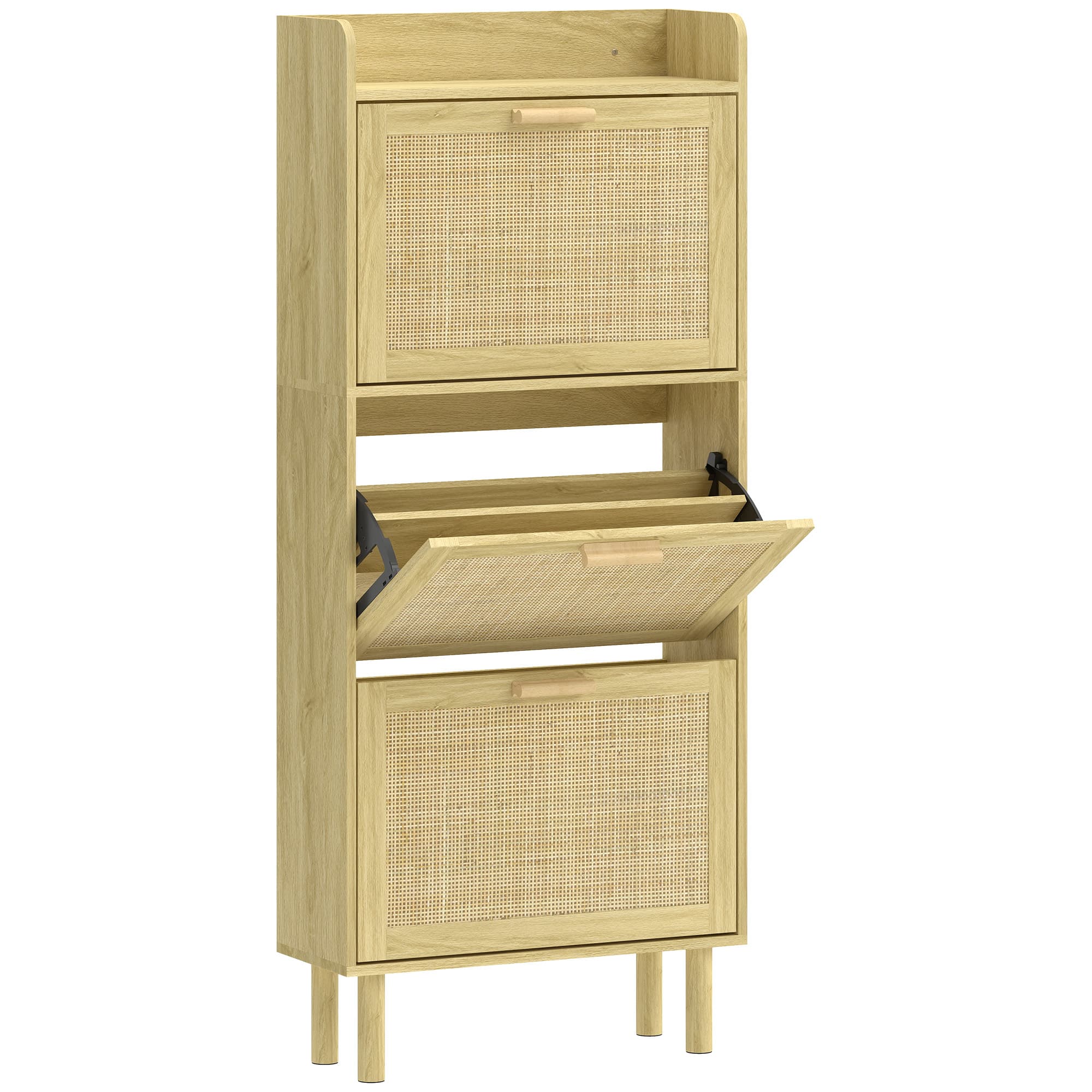 HOMCOM Meuble à chaussures 18 paires, armoire à chaussures étroite avec 3 tiroirs rabattables, étagères réglables, chêne