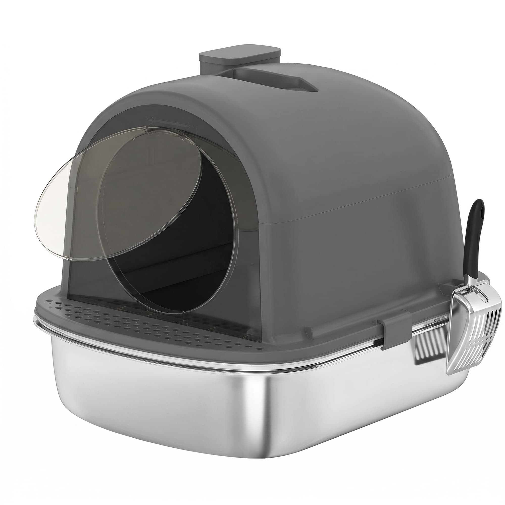 PawHut Maison de Toilette pour Chat Bac à Litière Fermé, Nettoyage facile, Bac Acier Inoxydable, 52,4x41,3x39,9cm, gris foncé