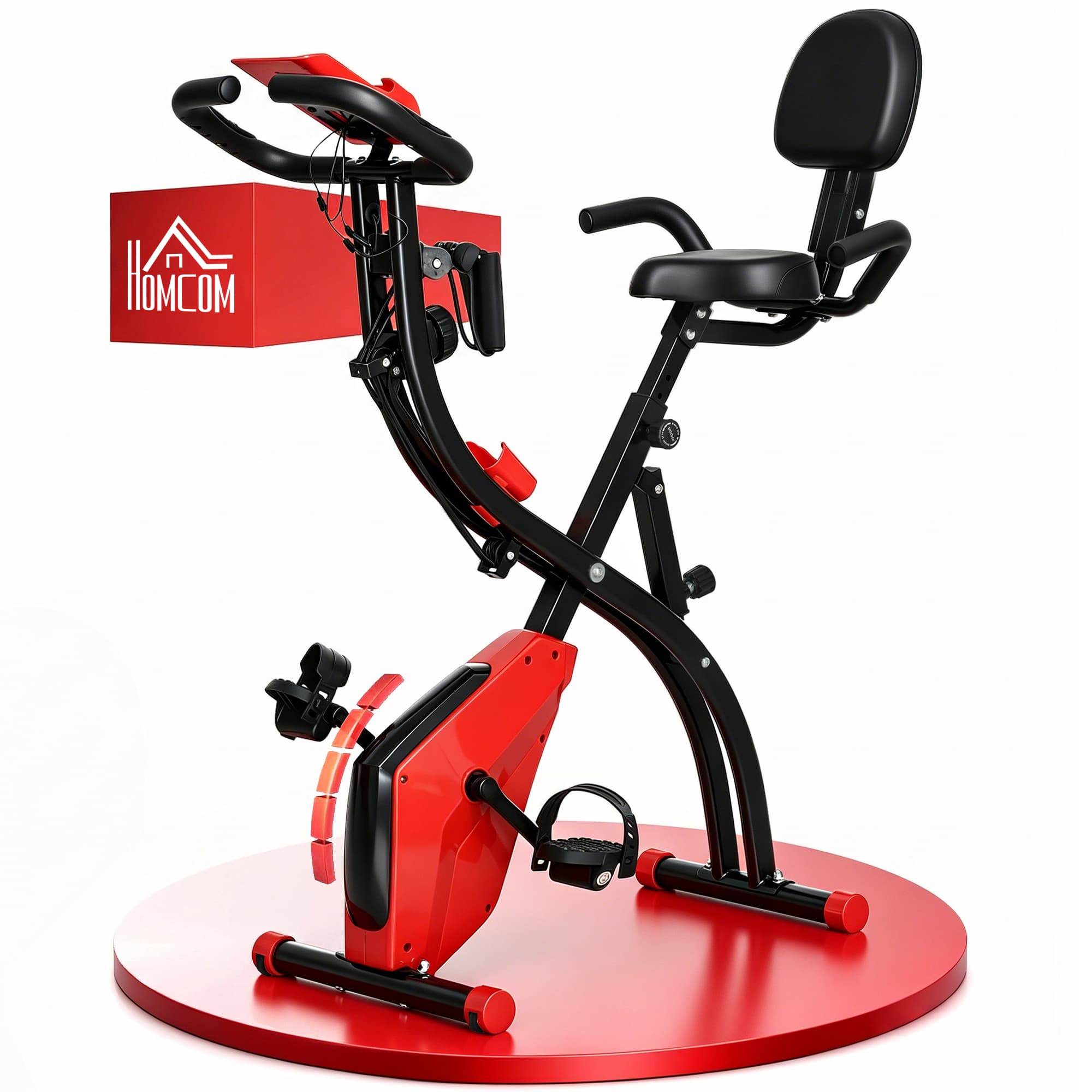 HOMCOM Vélo d'appartement pliant 8 niveaux de résistance écran LCD multifonction suspensions support tablette acier rouge noir