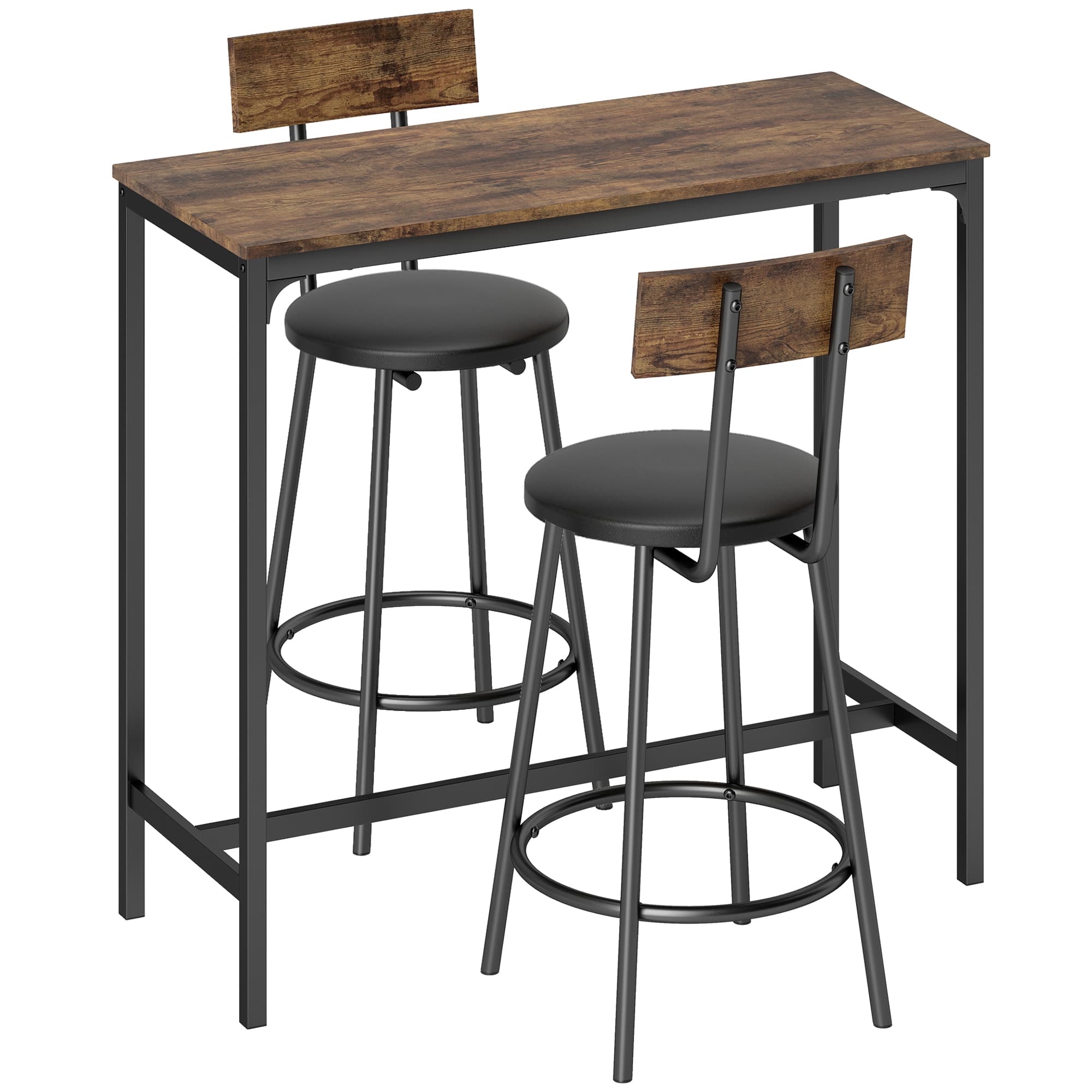 HOMCOM Ensemble Table de Bar avec 2 Tabourets, Table Haute de Cuisine et 2 Chaises de Bar Rembourrées PU, Repose-Pieds, Marron