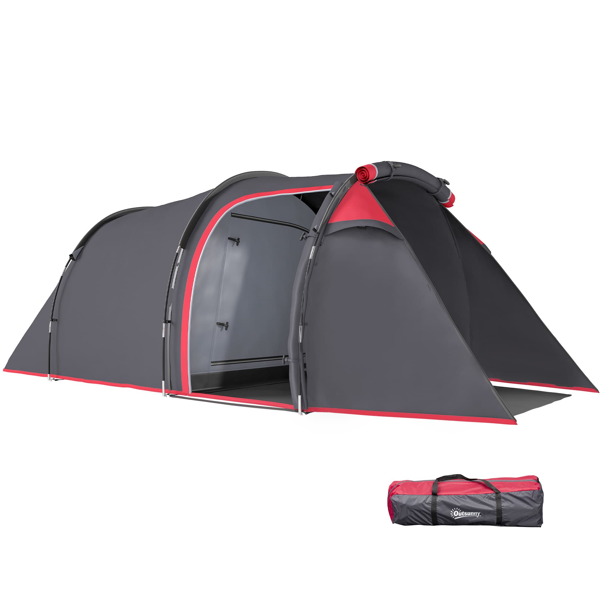 Outsunny Tente de camping familiale sas d'entrée 2-3 personnes 3 portes fenêtres 4,26L x 2,06l x 1,54H m fibre verre polyester PE girs foncé rose