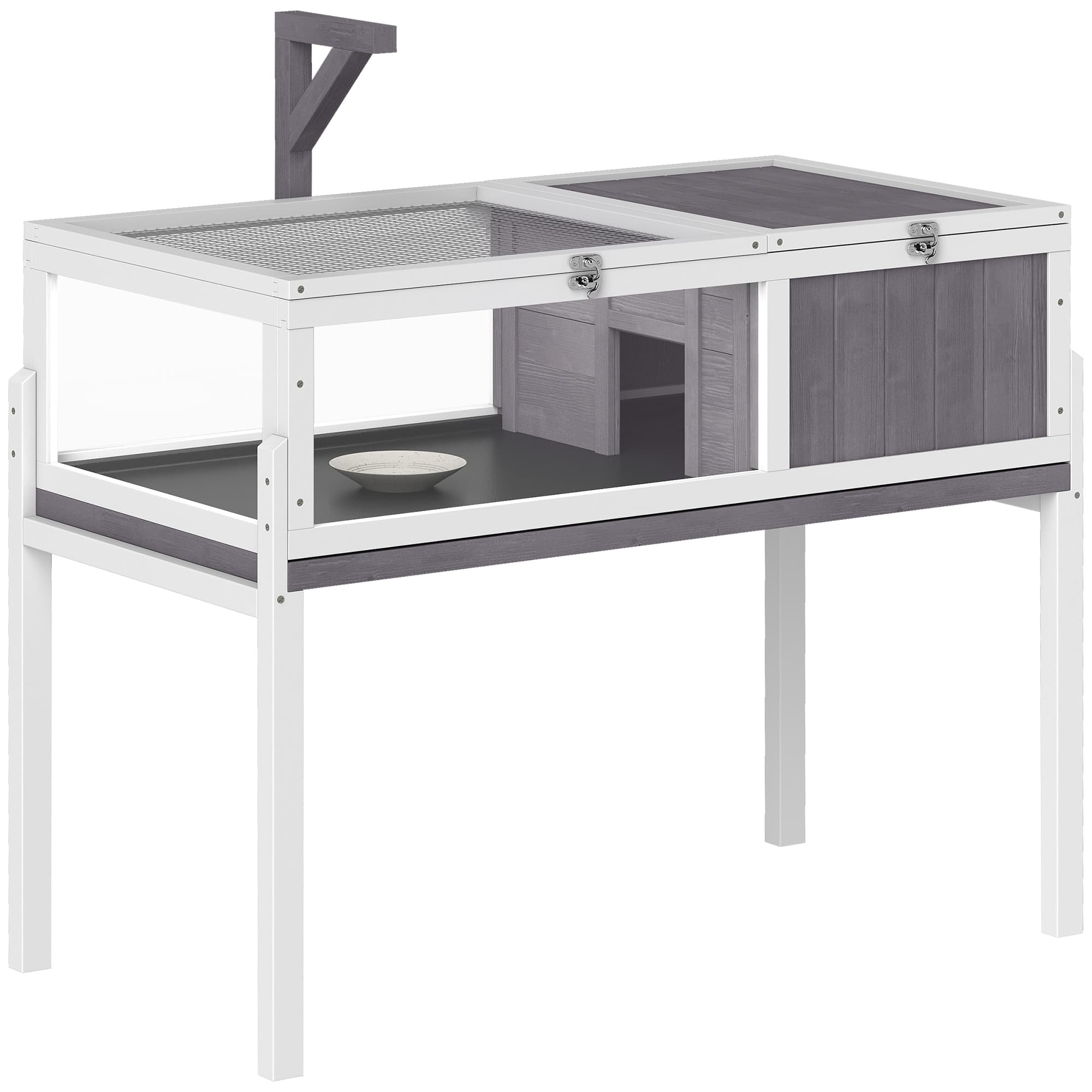 PawHut Maison pour tortues enclos 2 espaces et support de lampe toit ouvrable plateau coulissant 104 x 53 x 82 cm gris