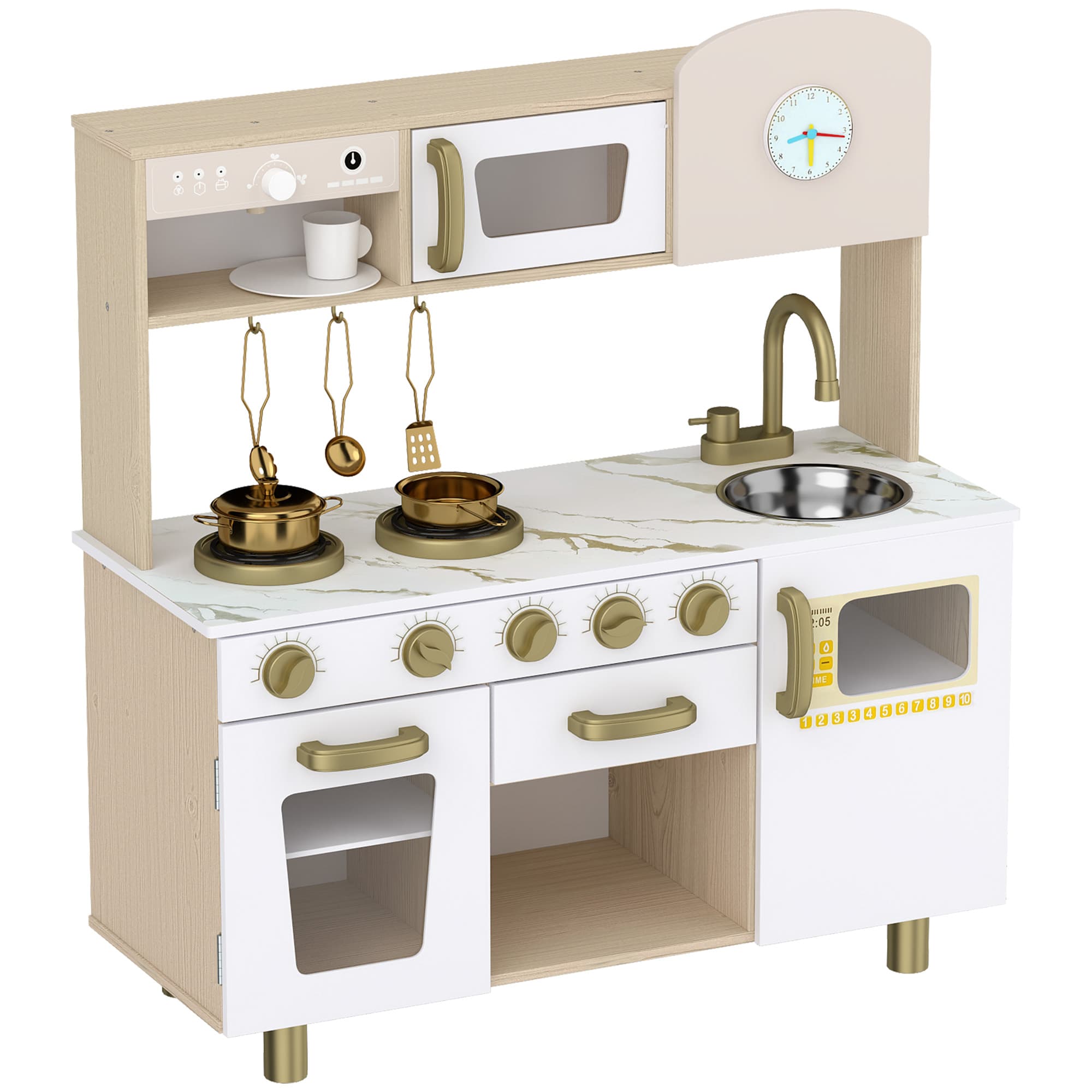 AIYAPLAY Cuisine Enfant en Bois, Dinette Cuisine Enfant avec Ustensiles en Acier Inoxydable, pour 3 à 6 Ans, 74x29x81cm, Blanc