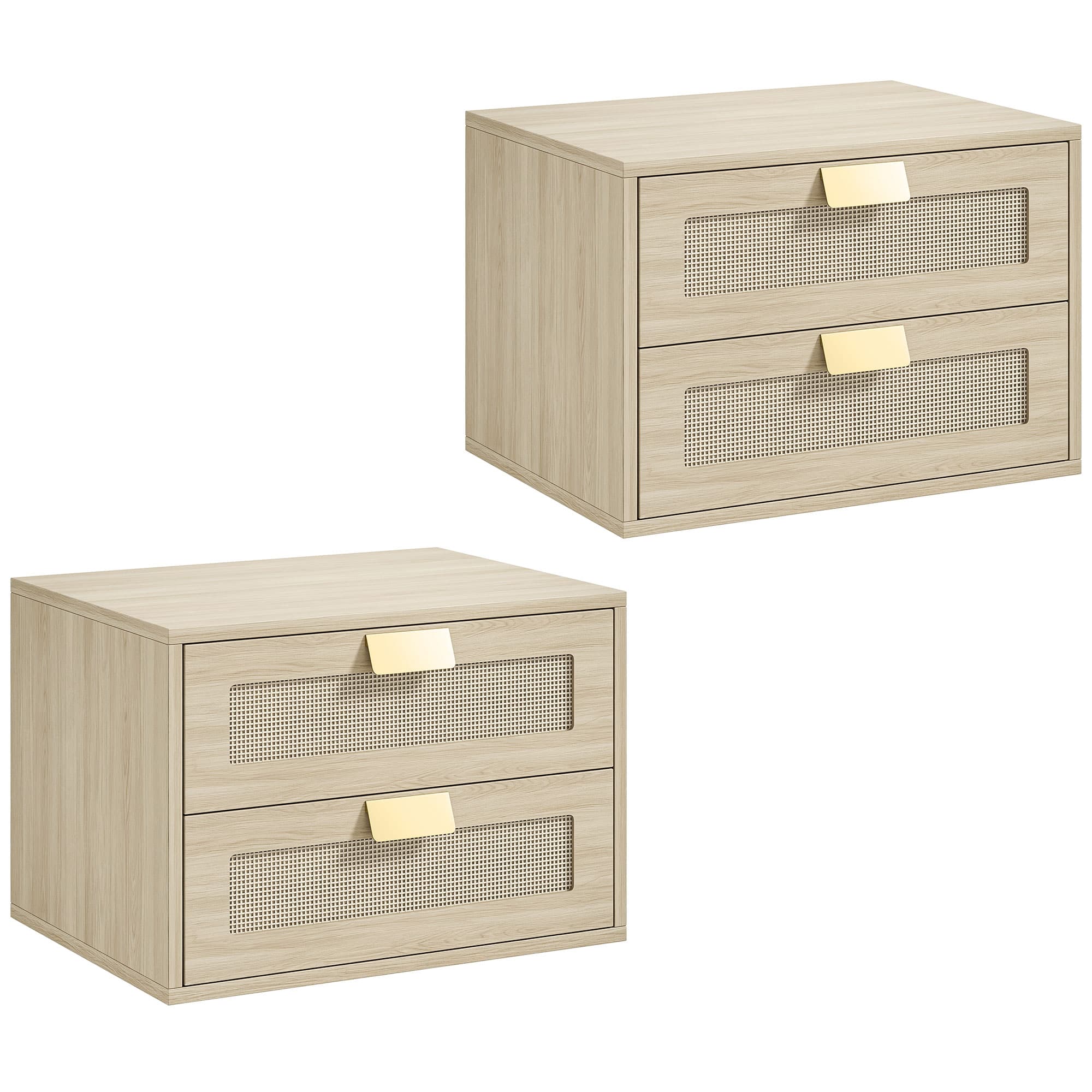 HOMCOM Lot de 2 Tables de Chevet Murales, Tables de Nuit Suspendues avec 2 Tiroirs et Plateau à Effet Rotin, Chêne