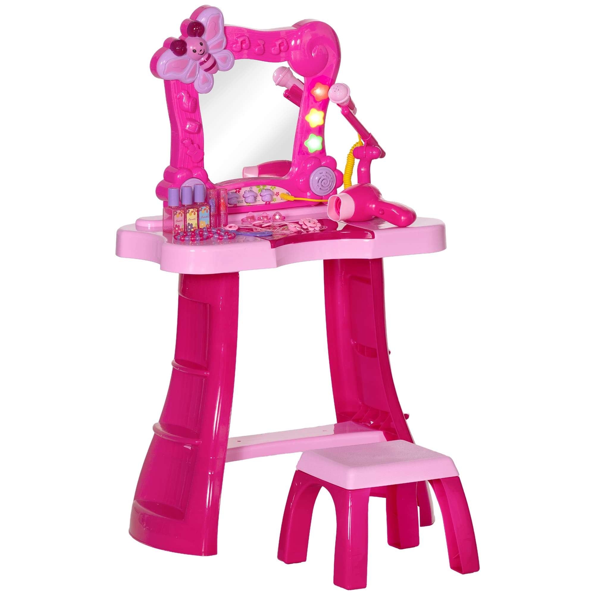 AIYAPLAY 15 PCS Coiffeuse enfant avec tabouret et miroir, lumière, musique, microphone, sèche-cheveux, espace de rangement