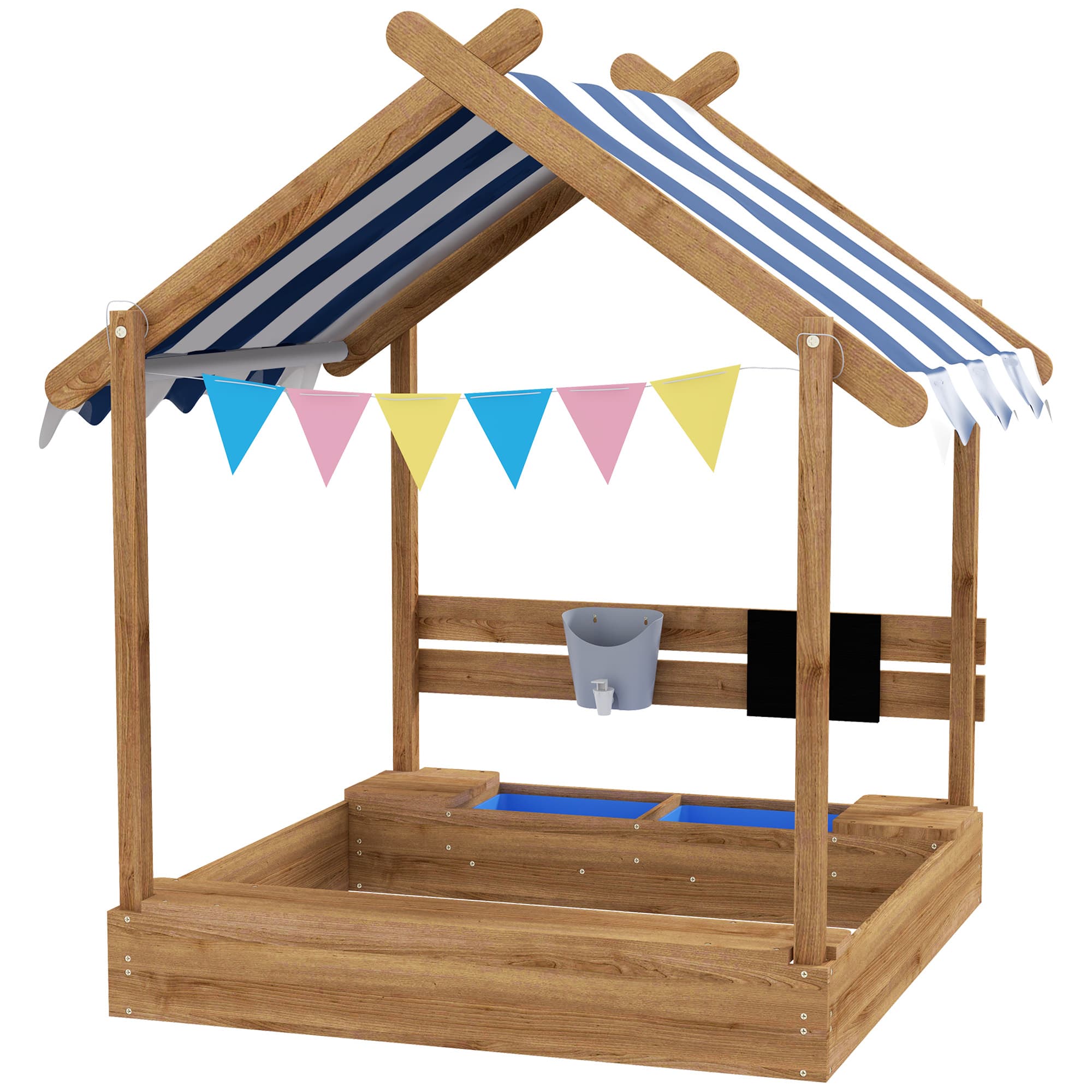 Outsunny Bac à sable bois forme de maison pour enfant avec auvent 2 bacs évier tableau 124 x 116 x 146 cm noir