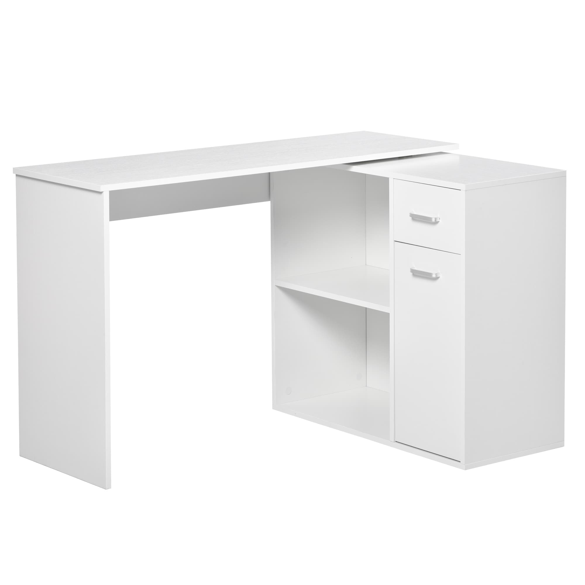 HOMCOM Bureau d'angle rotatif à 180°, bureau d'ordinateur, bibliothèque, tiroir, placard, poste de travail, 117x82x74cm, blanc