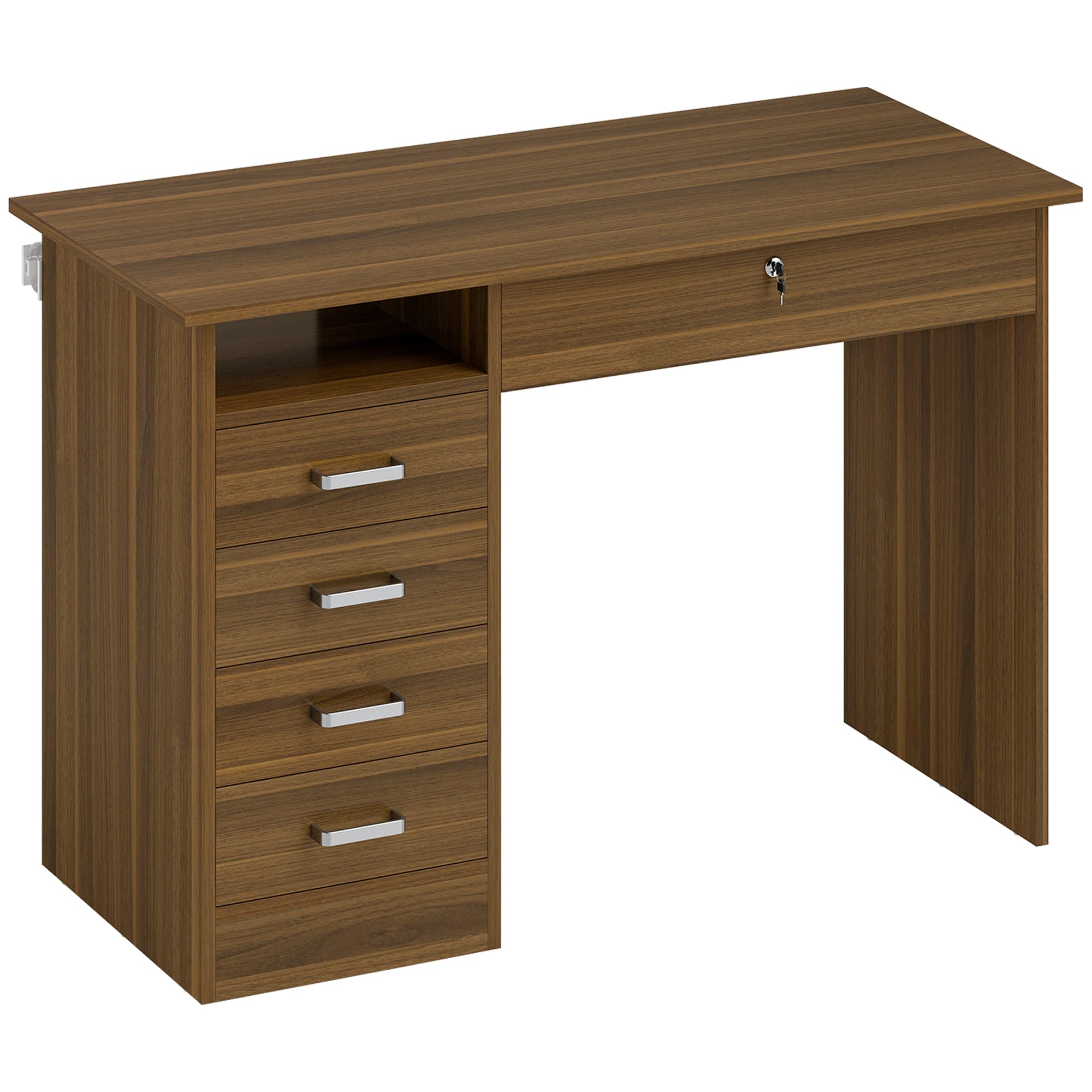 HOMCOM Bureau Informatique avec 5 Tiroirs, 110 x 50 cm, Bureau avec Rangement, Étagère Ouverte, Tiroir Verrouillable, Noyer